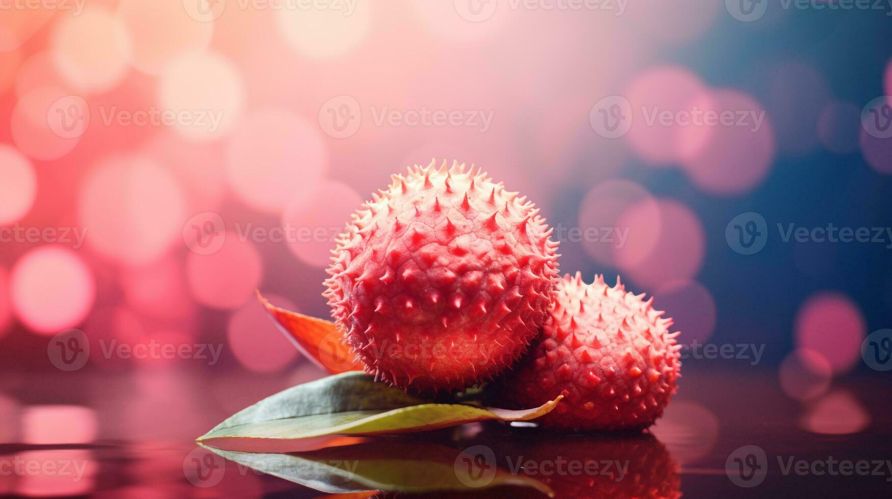 Photo of Lychee fruit half against a colorful abstract background. Generative AI