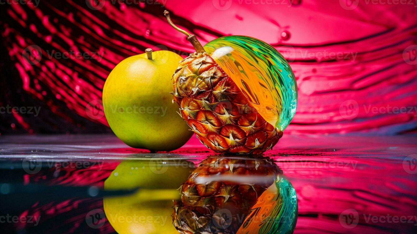 Photo of Kiwamo fruit half against a colorful abstract background. Generative AI