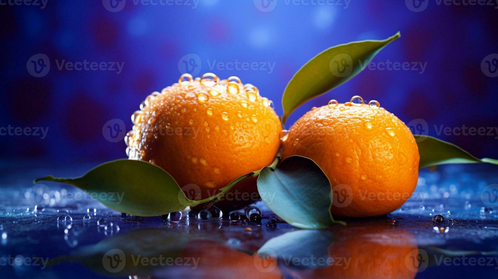 Photo of Mandarin fruit half against a colorful abstract background. Generative AI