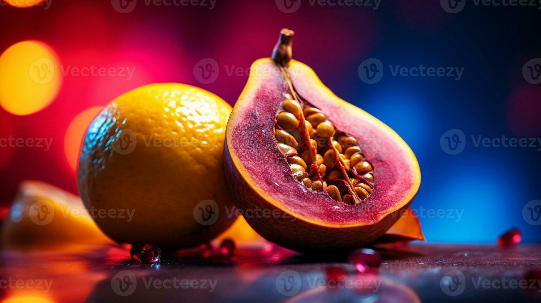 Photo of Mangaba fruit half against a colorful abstract background. Generative AI