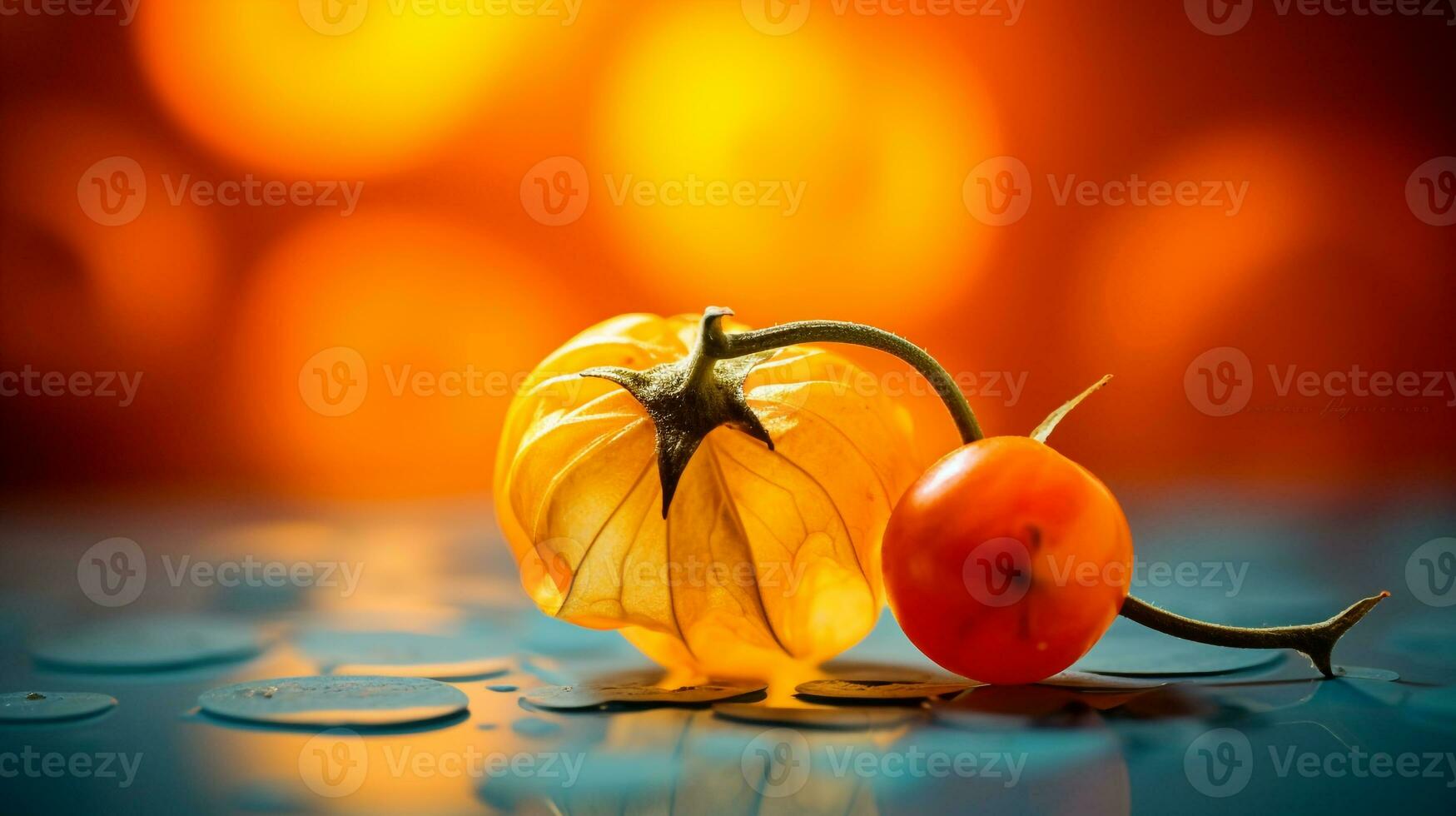 Photo of Groundcherry fruit half against a colorful abstract background. Generative AI