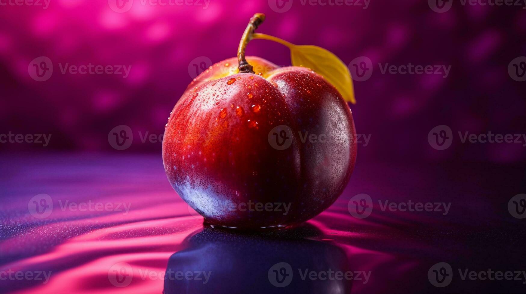 Photo of Japanese plum fruit half against a colorful abstract background. Generative AI