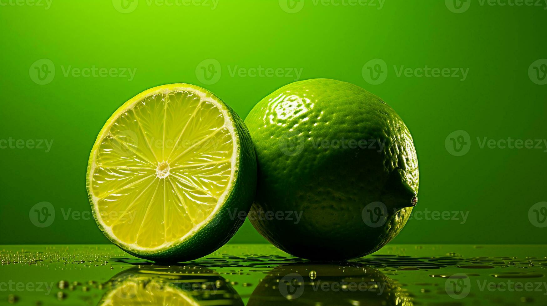 Photo of Lime fruit half against a colorful abstract background. Generative AI