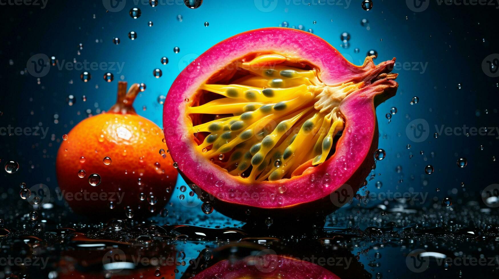 Photo of Maracuja fruit half against a colorful abstract background. Generative AI