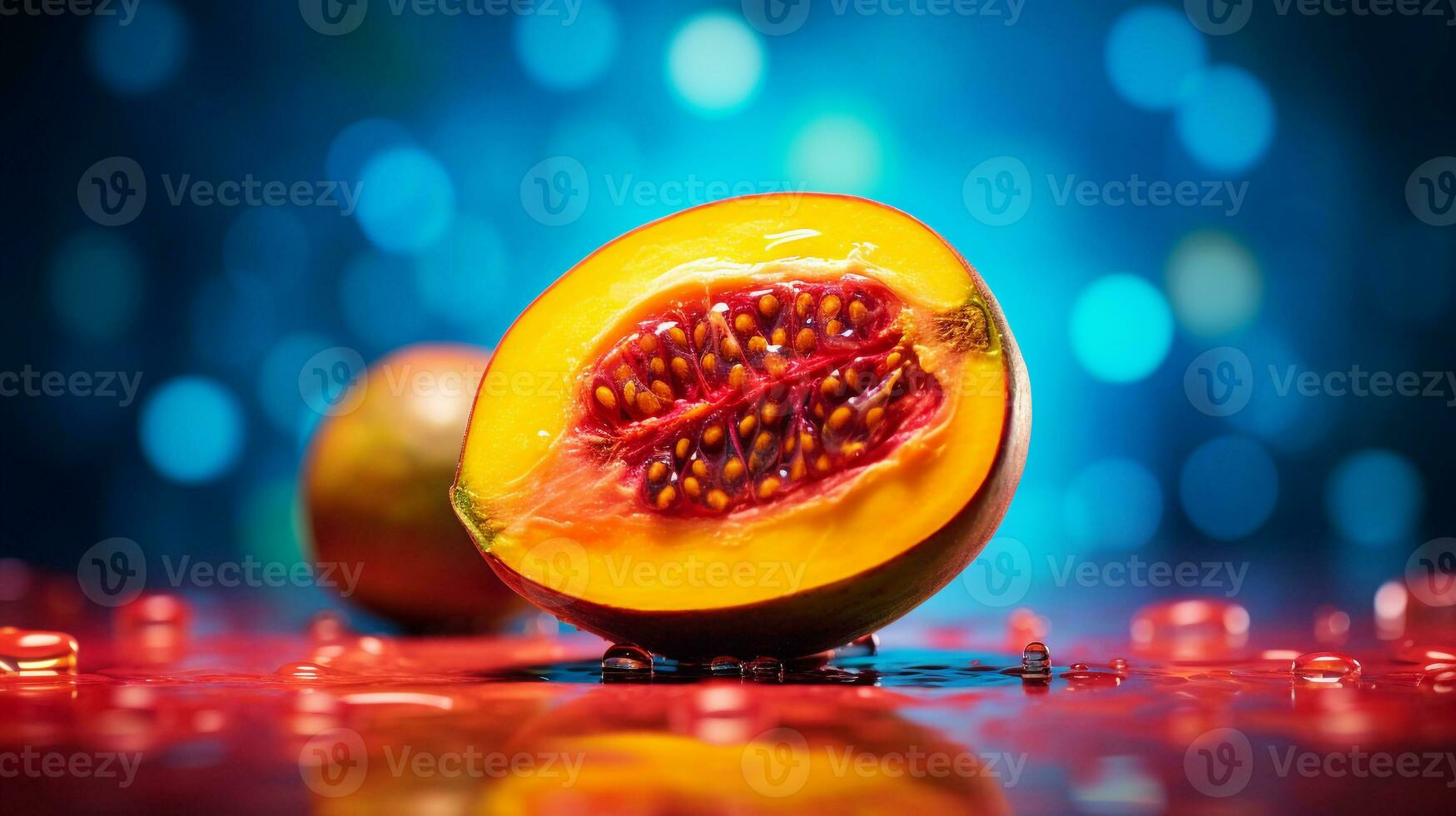 Photo of Mangaba fruit half against a colorful abstract background. Generative AI