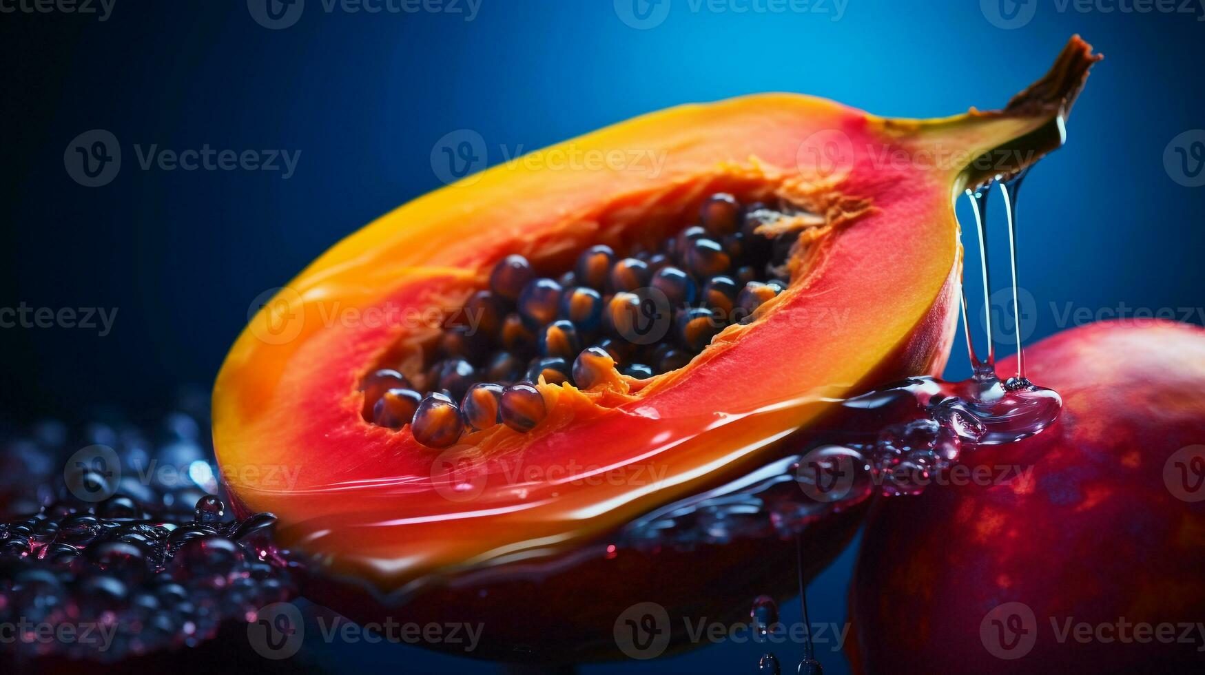 Photo of Mamoncillo fruit half against a colorful abstract background. Generative AI