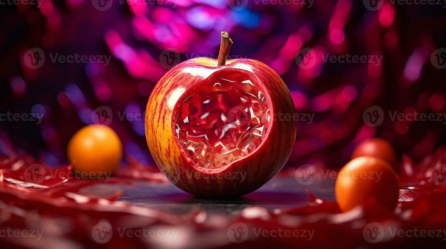 Photo of Mabolo velvet apple fruit half against a colorful abstract background. Generative AI