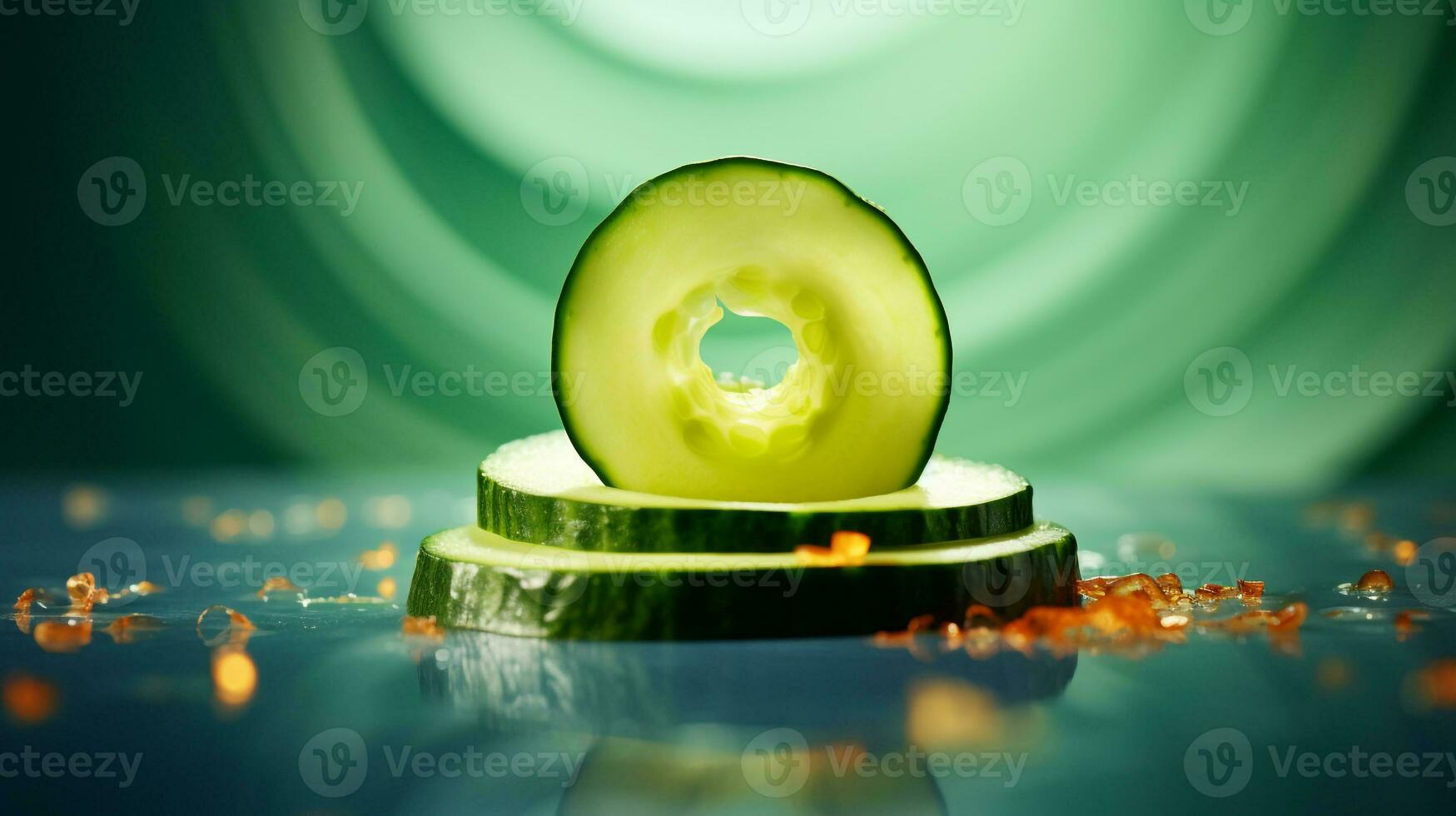 Photo of Cucumber fruit half against a colorful abstract background. Generative AI