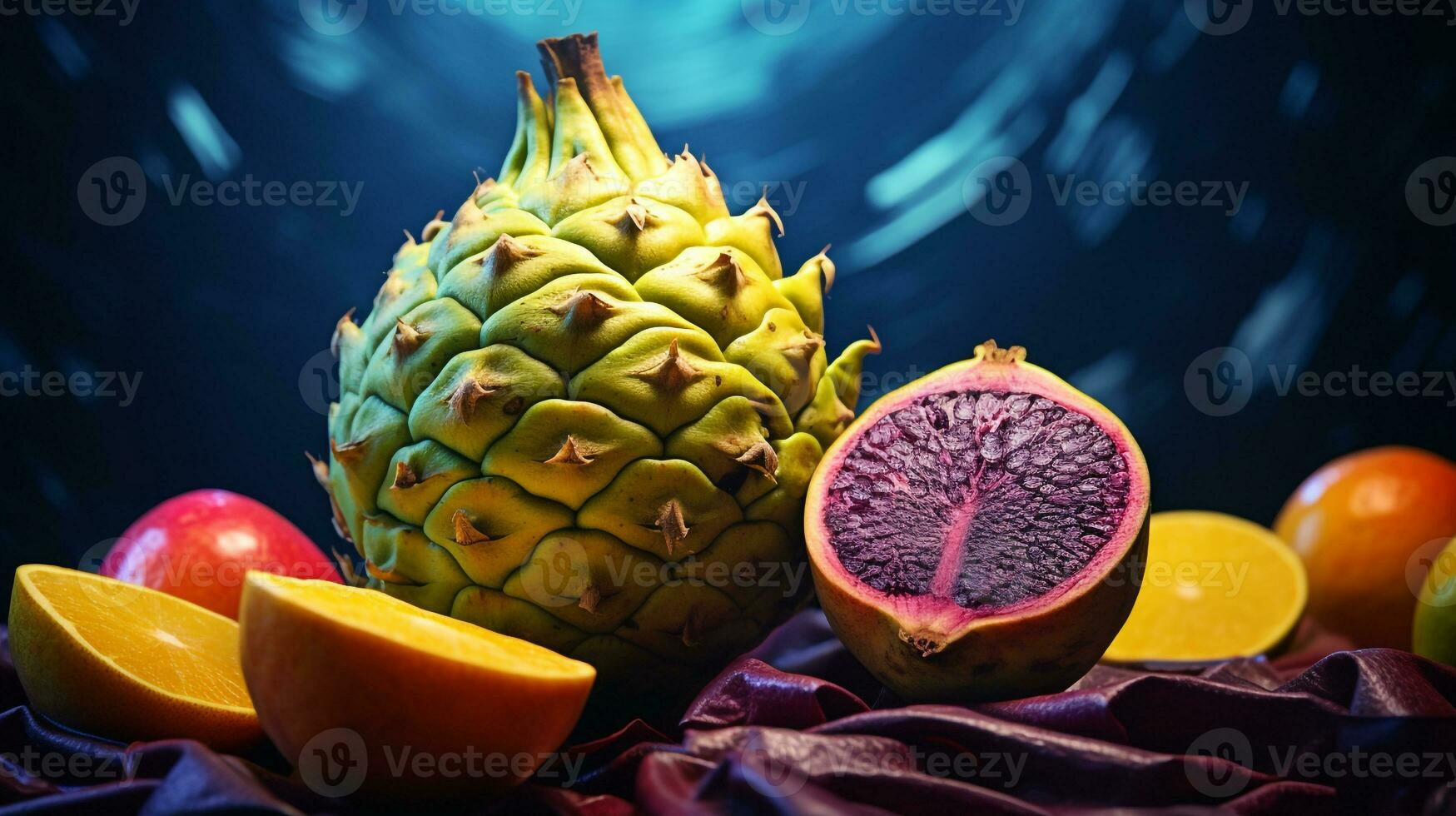 Photo of Cherimoya fruit half against a colorful abstract background. Generative AI