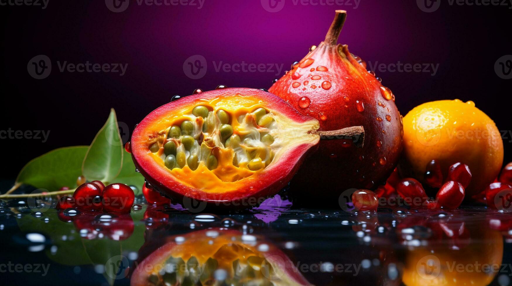 Photo of Canistel fruit half against a colorful abstract background. Generative AI
