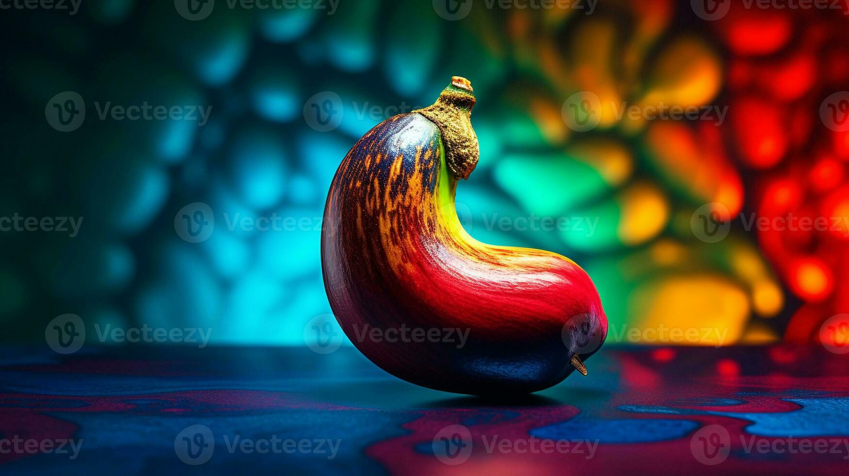 Photo of Cashew fruit half against a colorful abstract background. Generative AI