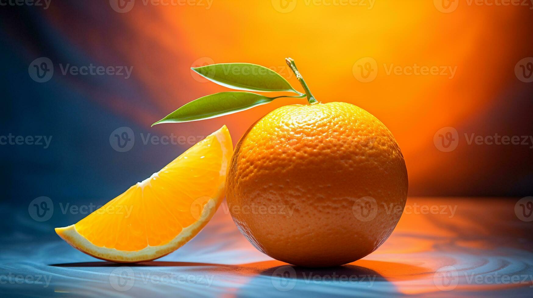 Photo of Clementine fruit half against a colorful abstract background. Generative AI