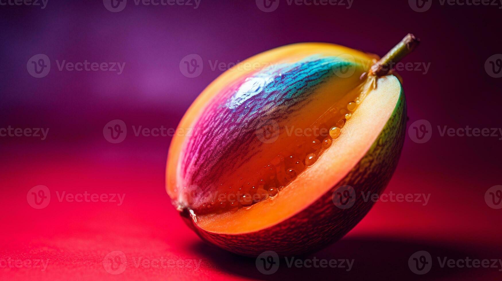 Photo of Cupuacu fruit half against a colorful abstract background. Generative AI