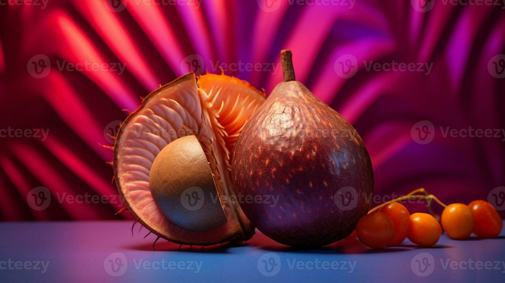 Photo of Cempedak fruit half against a colorful abstract background. Generative AI