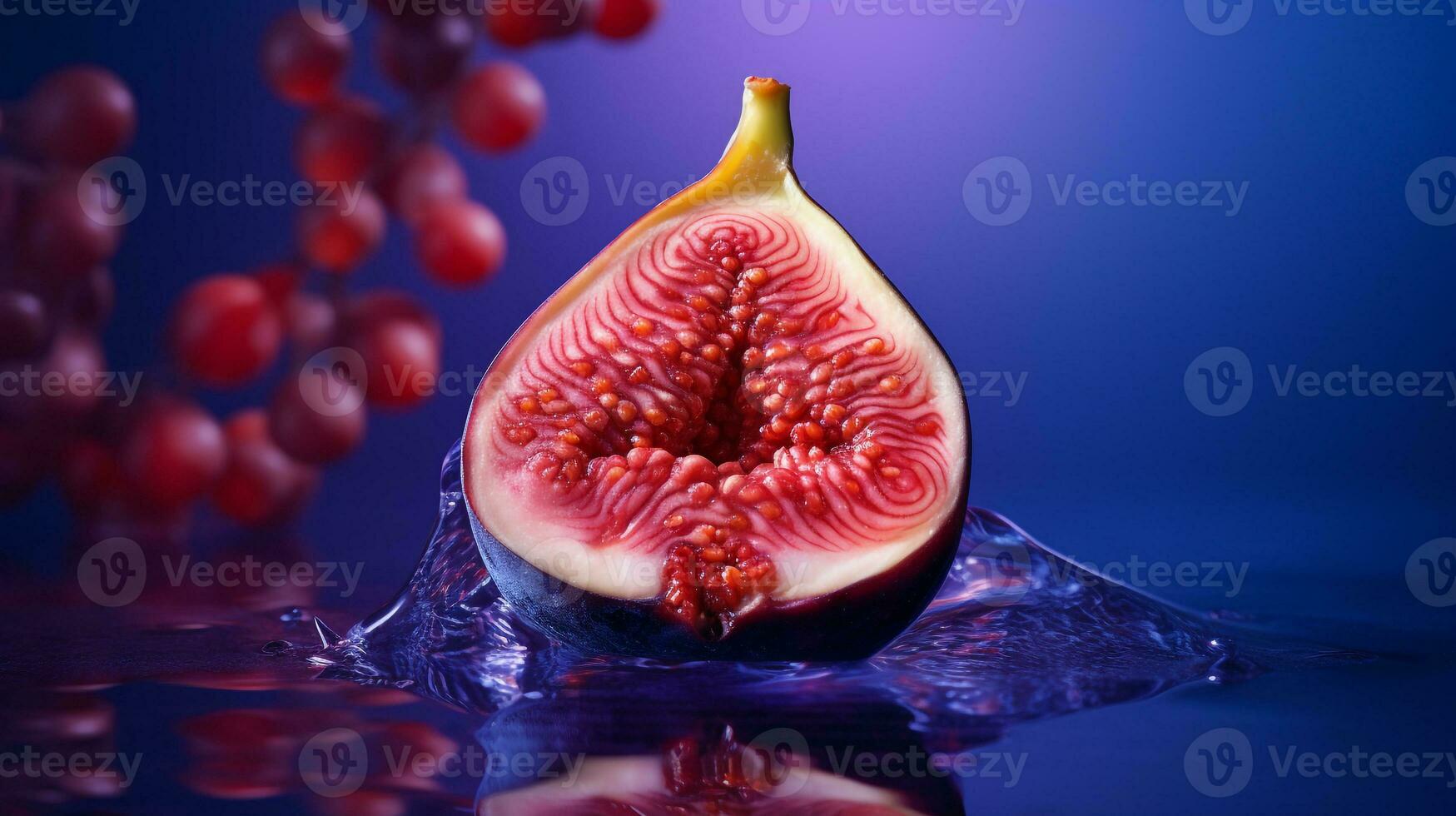 Photo of Fig fruit half against a colorful abstract background. Generative AI