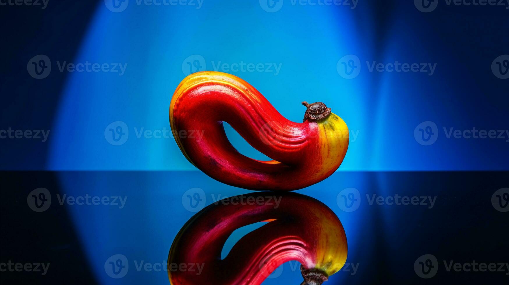 Photo of Cashew fruit half against a colorful abstract background. Generative AI