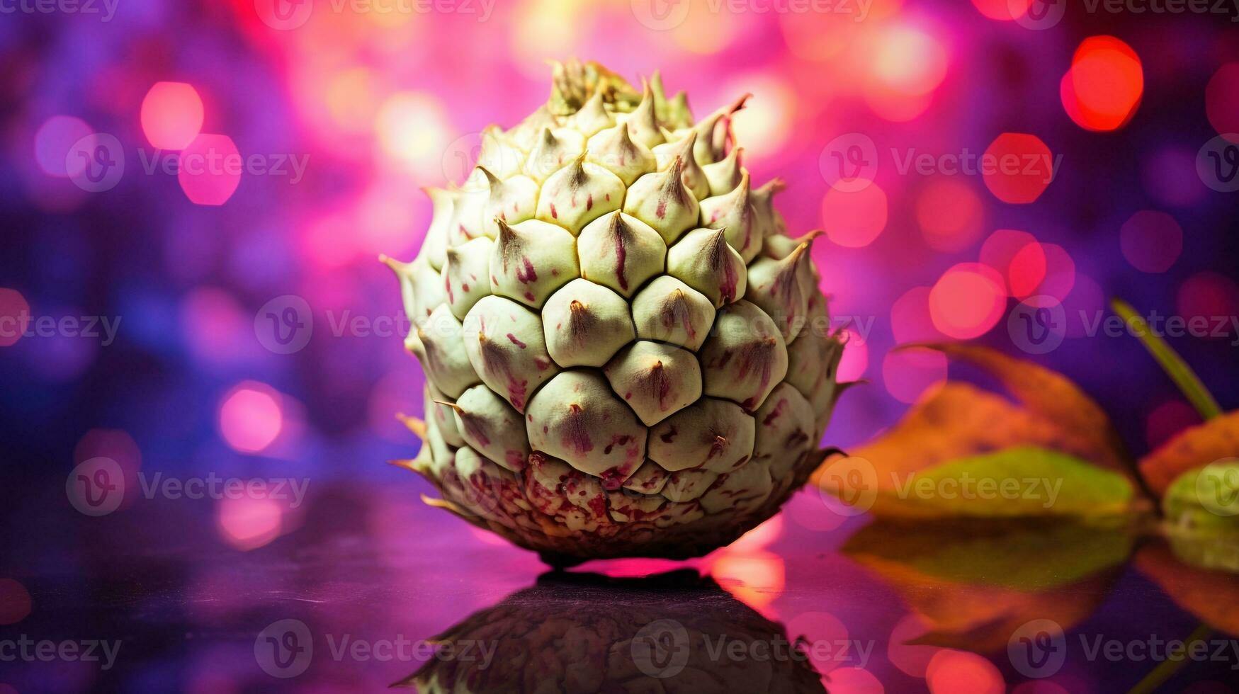 Photo of Custard apple fruit half against a colorful abstract background. Generative AI