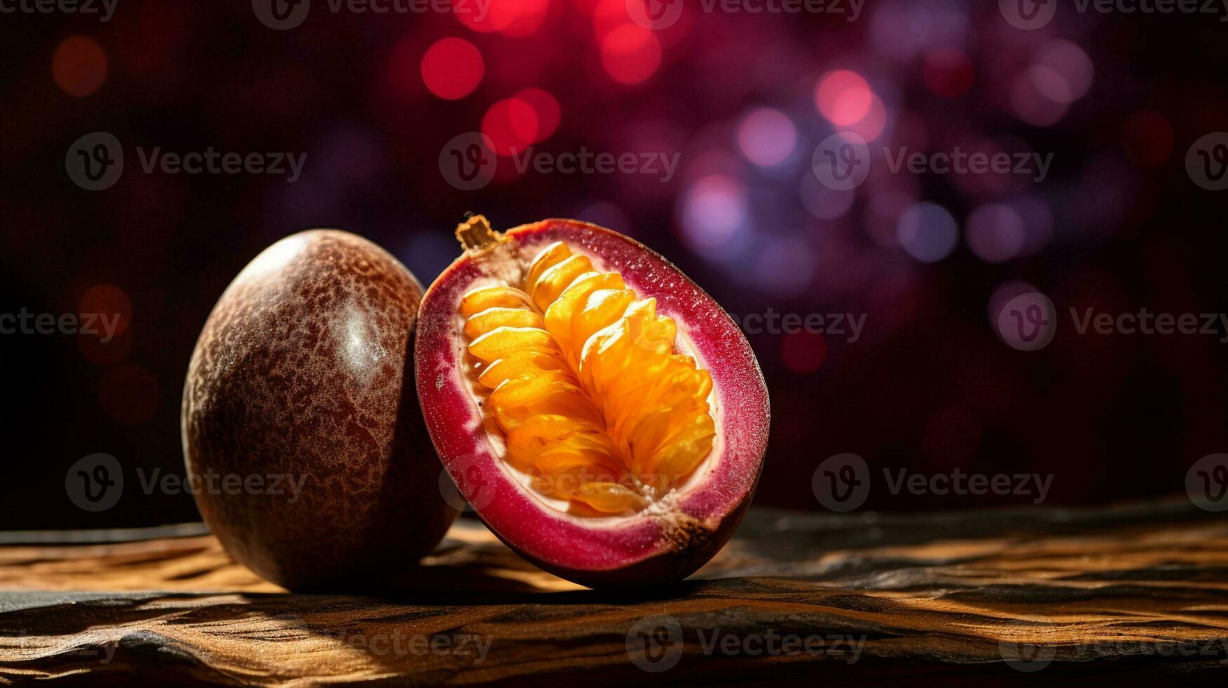 Photo of Cempedak fruit half against a colorful abstract background. Generative AI