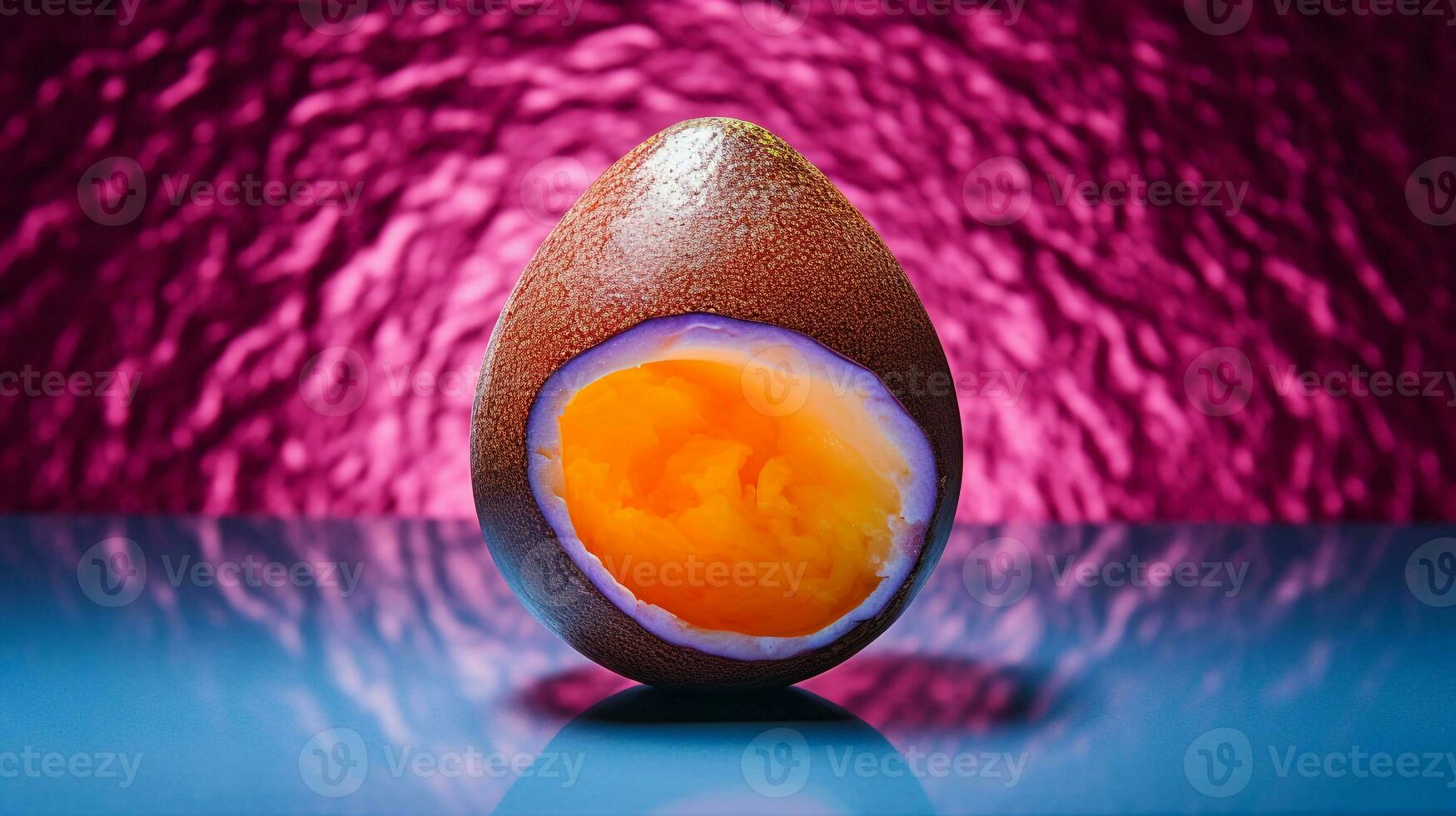 Photo of Egg fruit half against a colorful abstract background. Generative AI