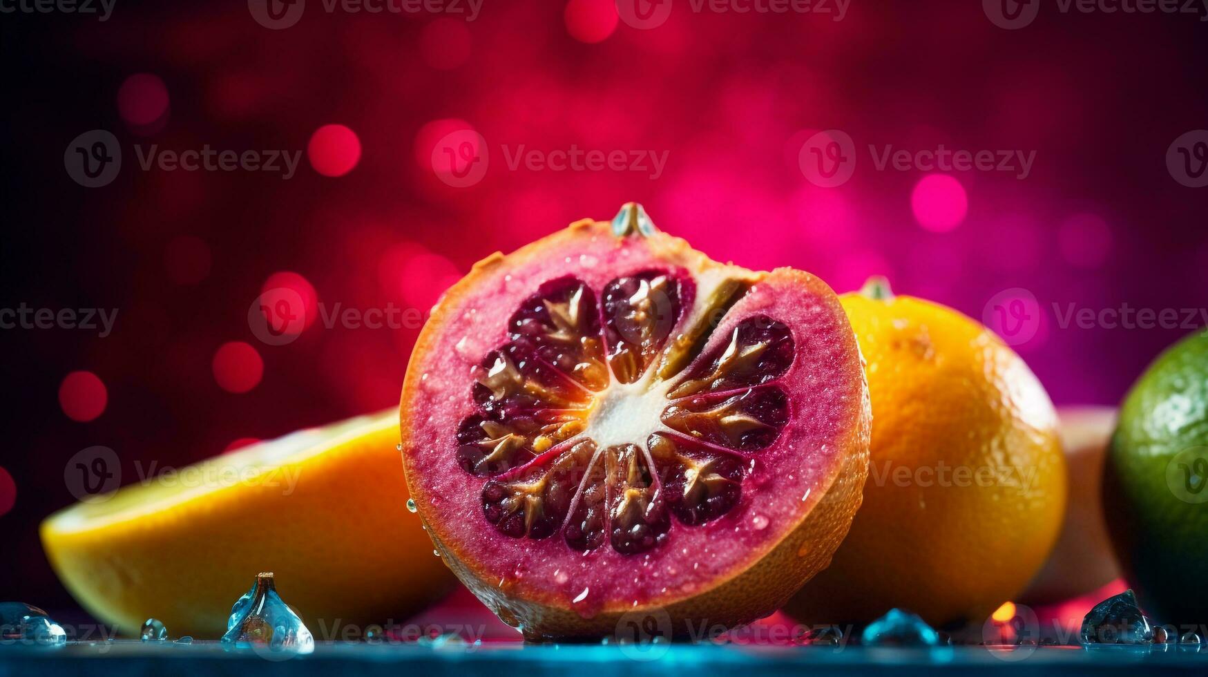 Photo of Chico fruit half against a colorful abstract background. Generative AI