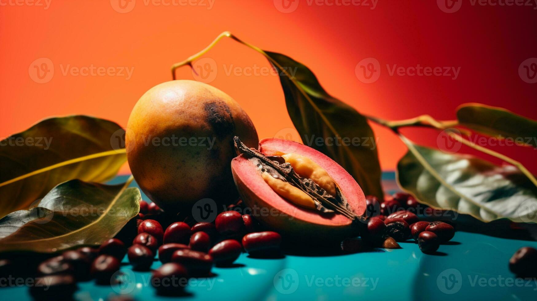 Photo of Coffee fruit half against a colorful abstract background. Generative AI