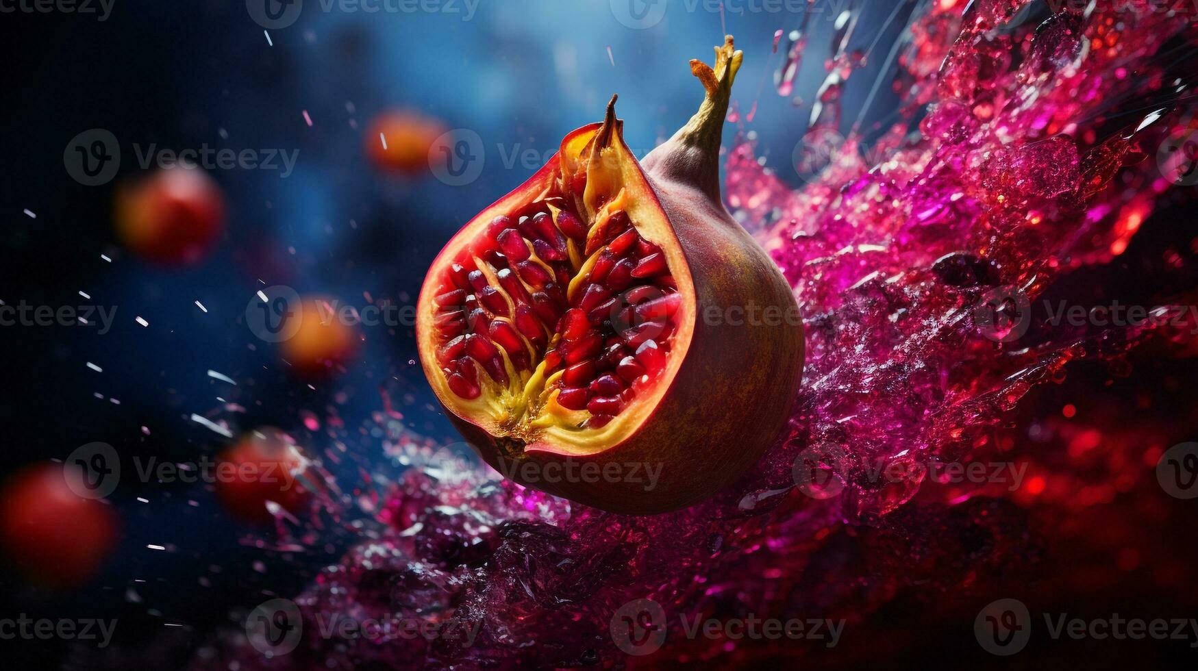 Photo of Flamboyant fruit half against a colorful abstract background. Generative AI