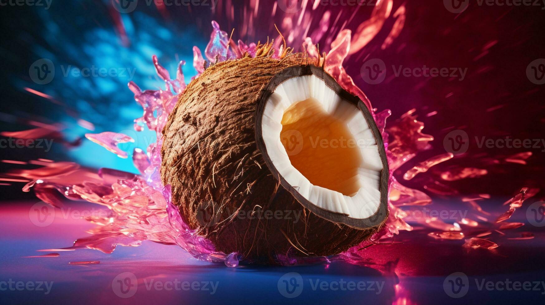 Photo of Coconut fruit half against a colorful abstract background. Generative AI