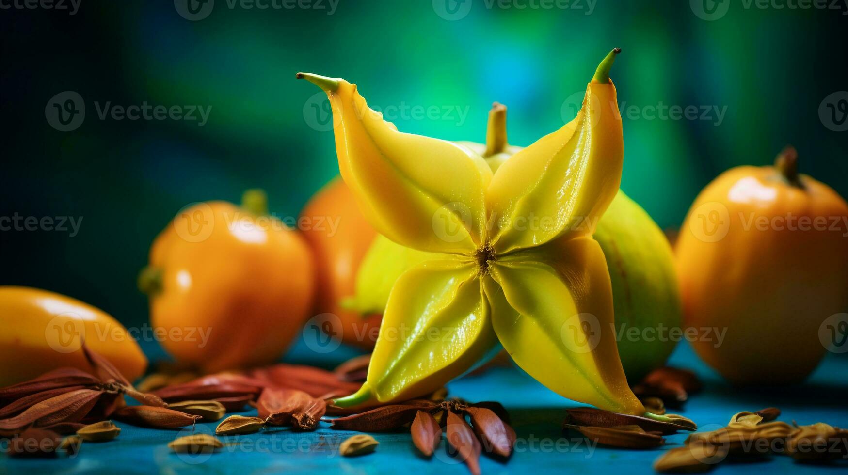 Photo of Carambola fruit half against a colorful abstract background. Generative AI