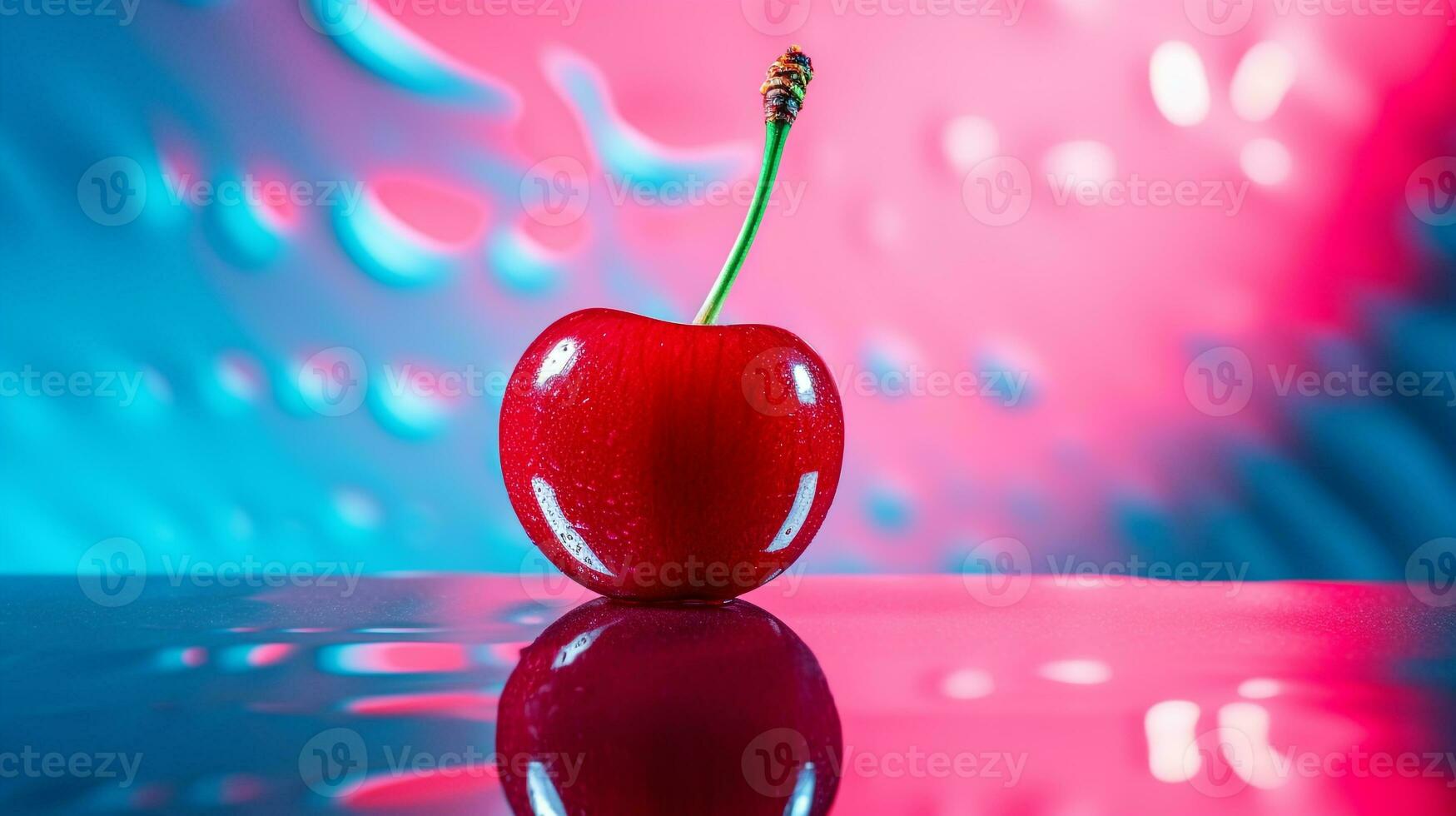 Photo of Cherry fruit half against a colorful abstract background. Generative AI