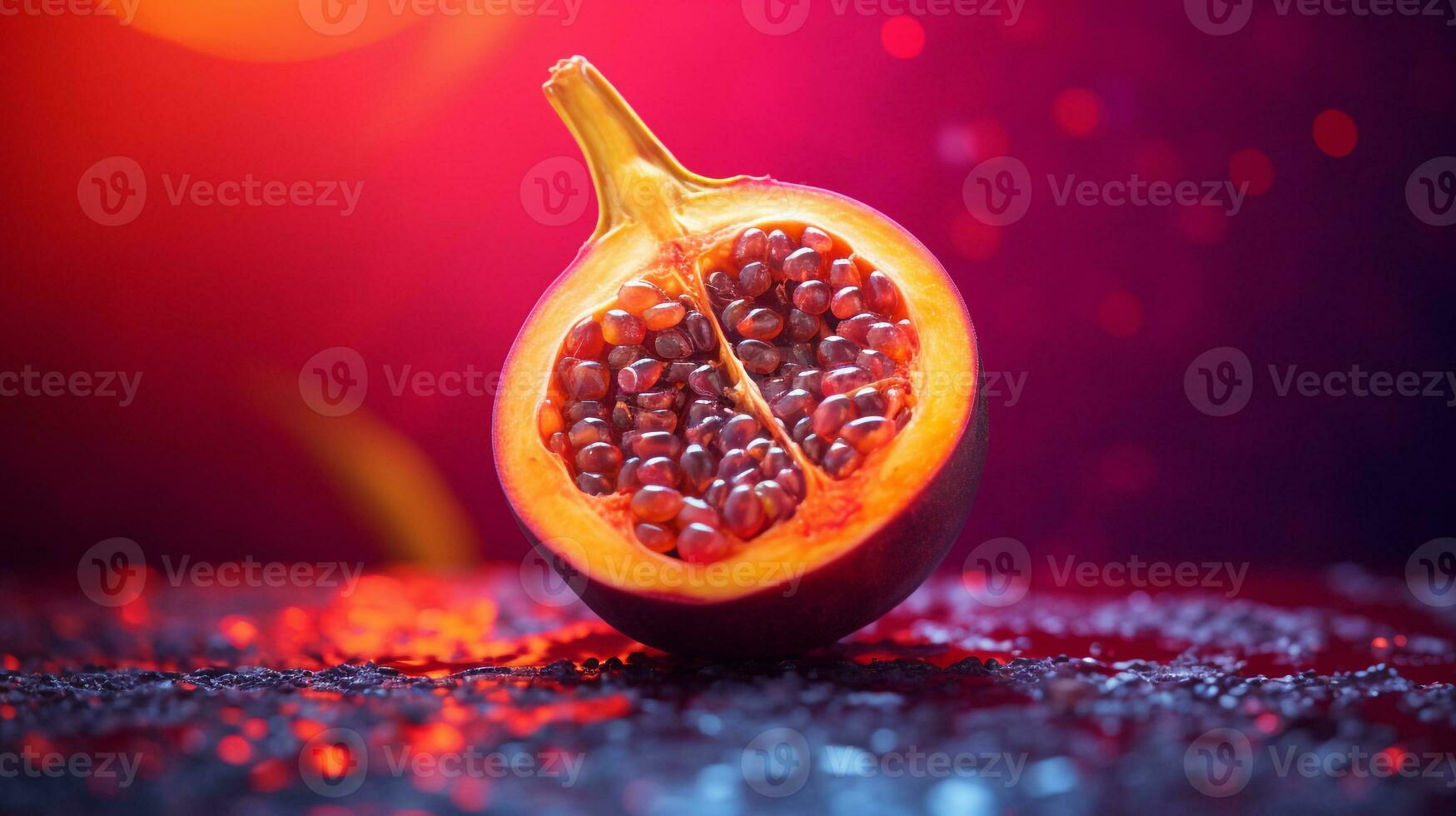 Photo of Carica fruit half against a colorful abstract background. Generative AI