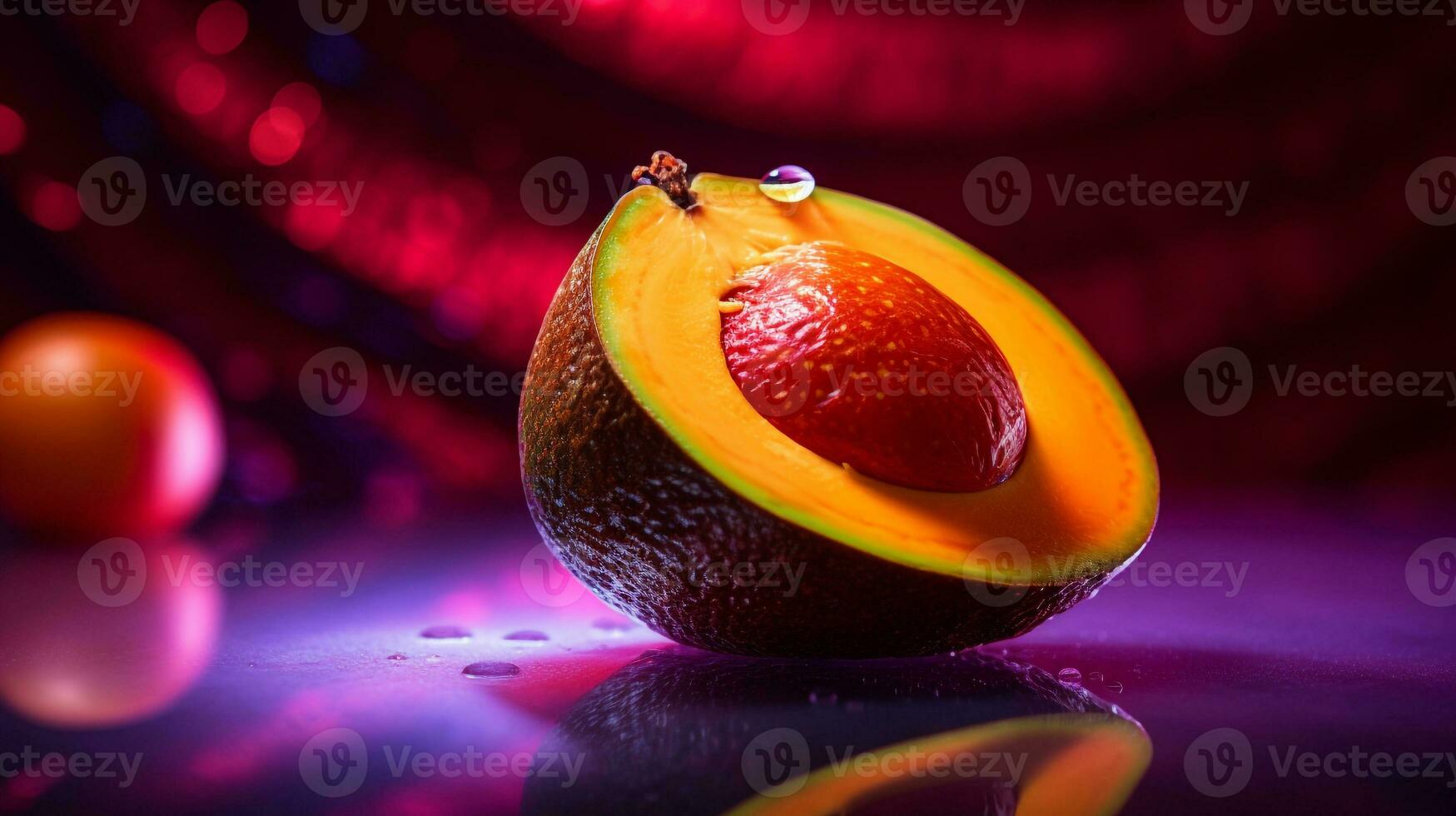 Photo of Cupuacu fruit half against a colorful abstract background. Generative AI