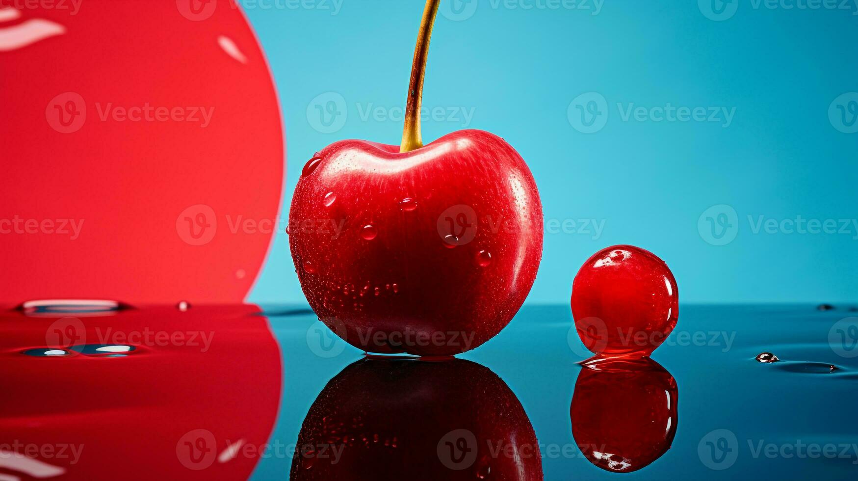 Photo of Cherry fruit half against a colorful abstract background. Generative AI