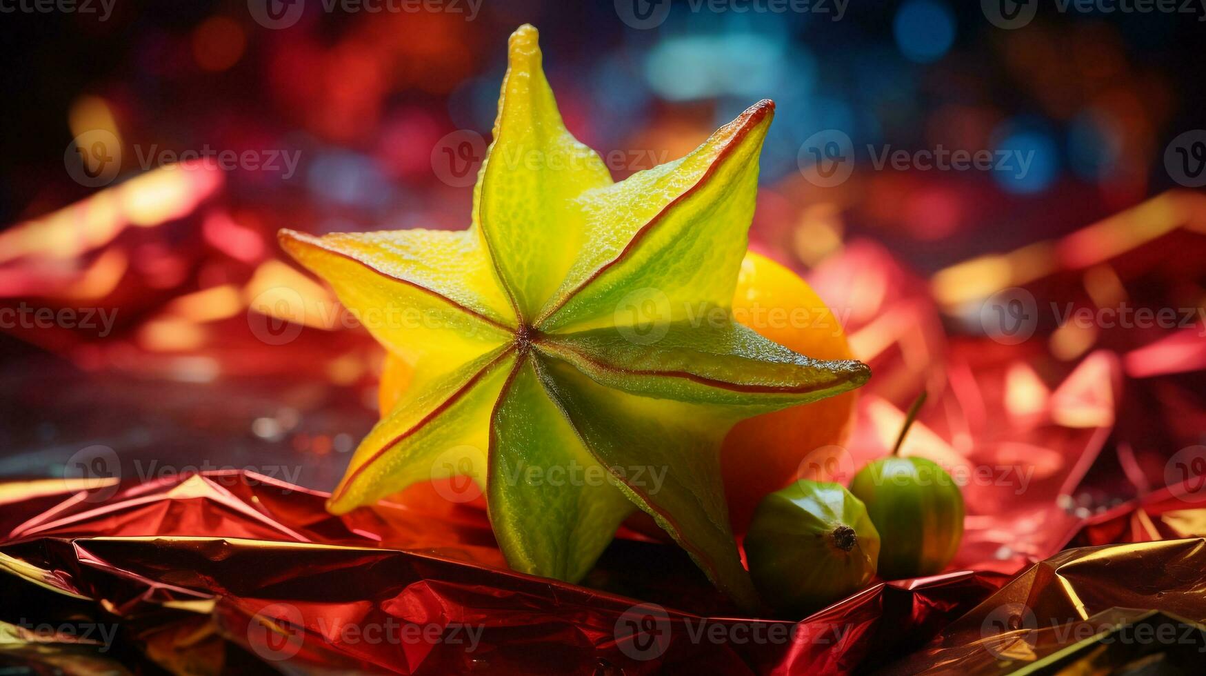 Photo of Carambola fruit half against a colorful abstract background. Generative AI