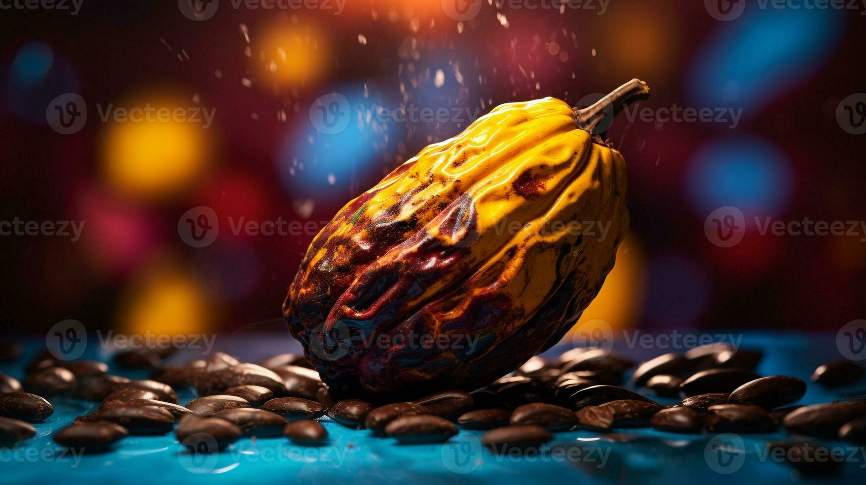 Photo of Cacao fruit half against a colorful abstract background. Generative AI