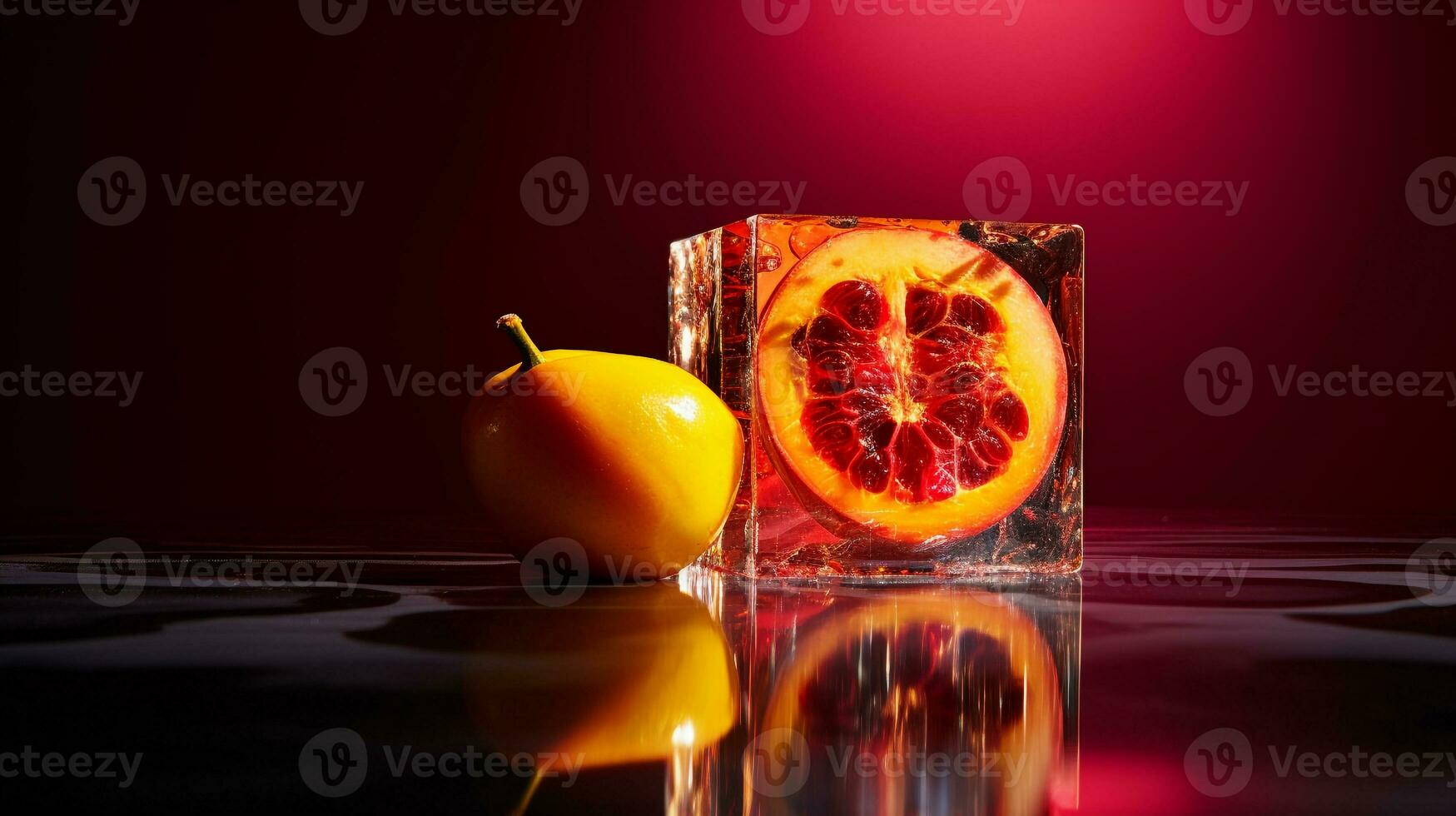 Photo of Caja fruit half against a colorful abstract background. Generative AI