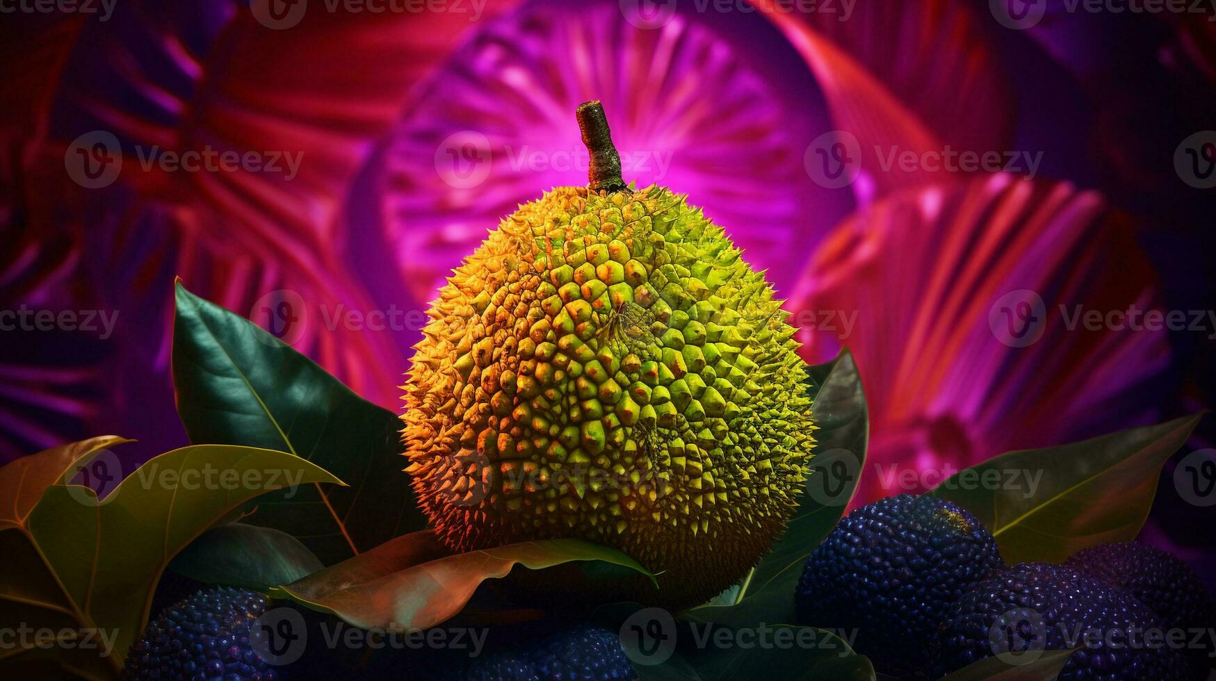 Photo of Breadfruit half against a colorful abstract background. Generative AI