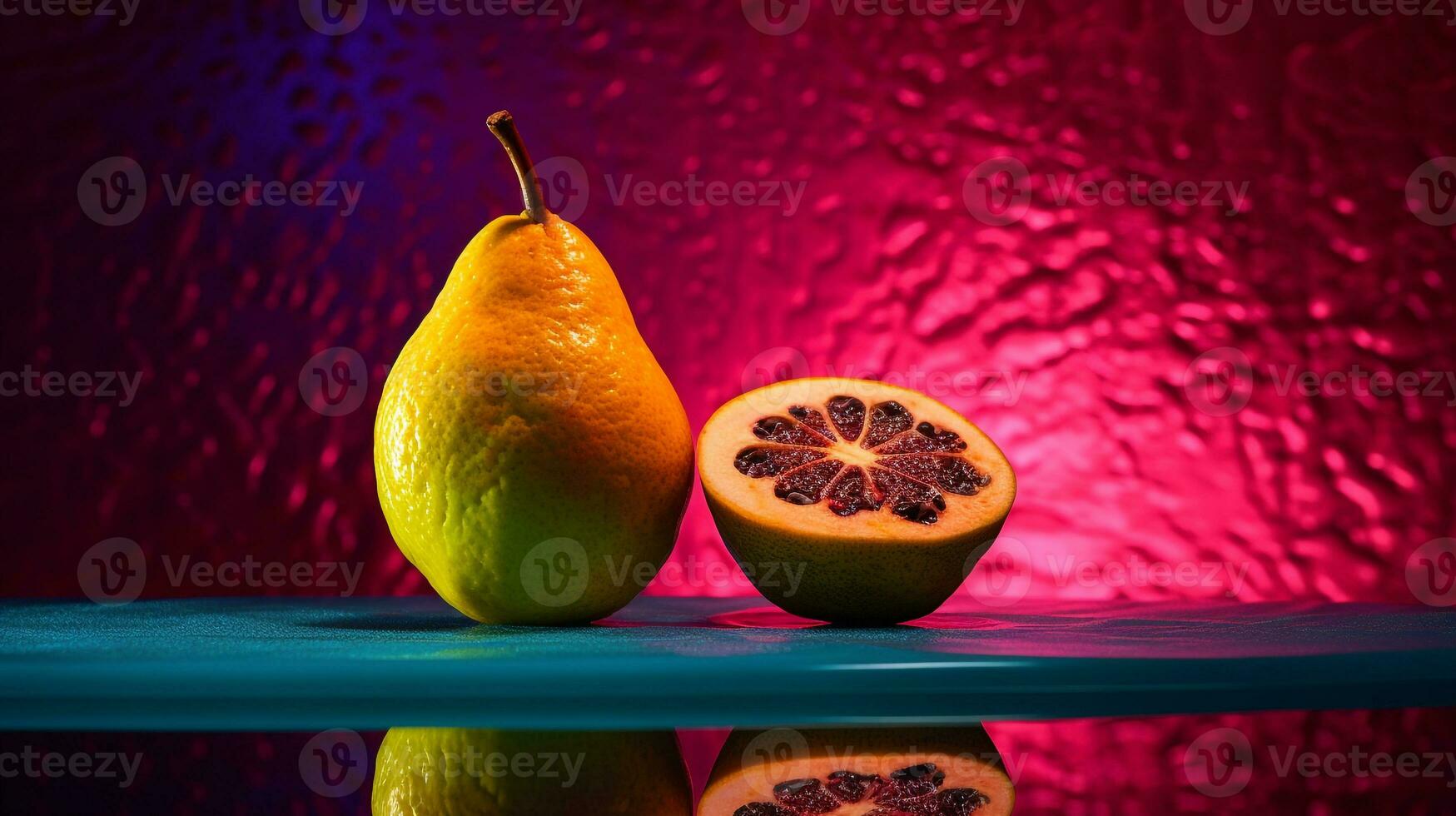 Photo of Canistel fruit half against a colorful abstract background. Generative AI