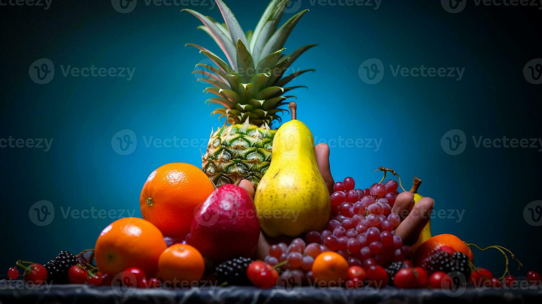 Photo of Buddhas hand fruit half against a colorful abstract background. Generative AI