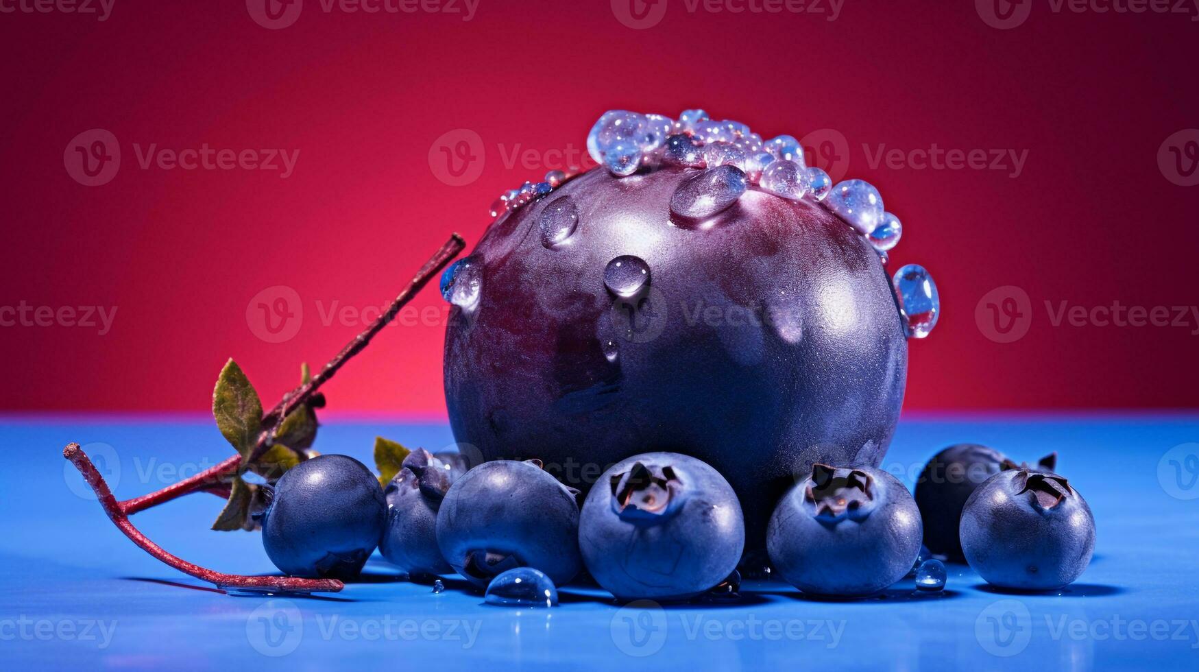 Photo of Blueberry fruit half against a colorful abstract background. Generative AI