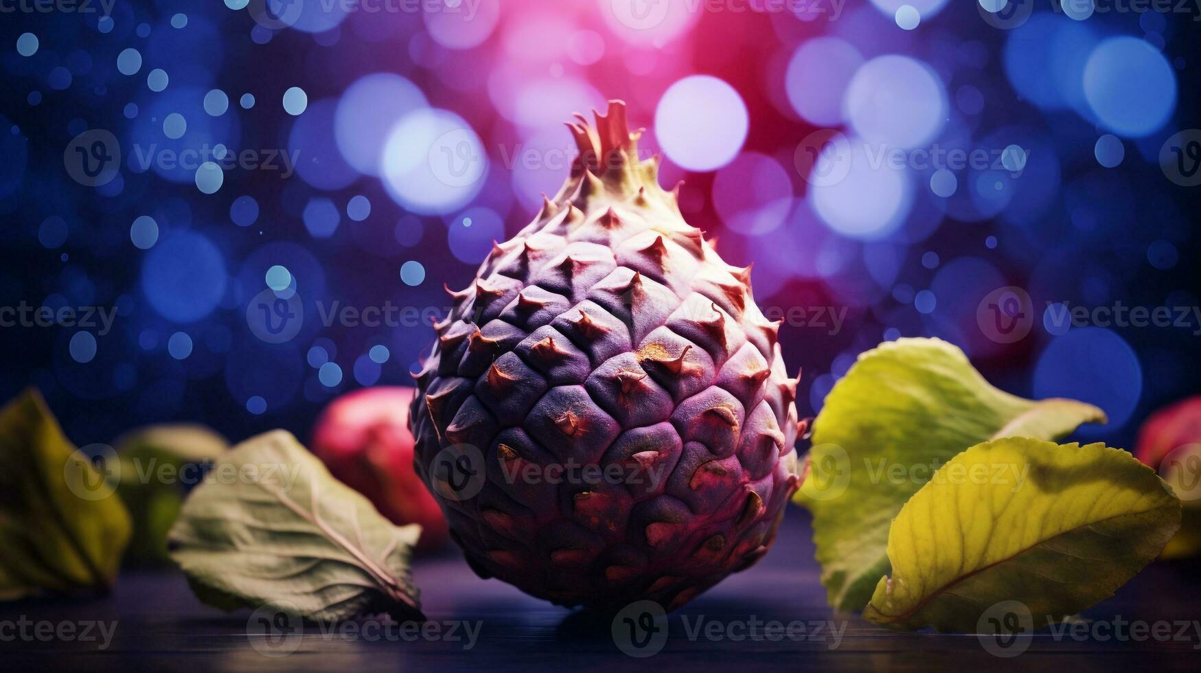 Photo of Cherimoya fruit half against a colorful abstract background. Generative AI