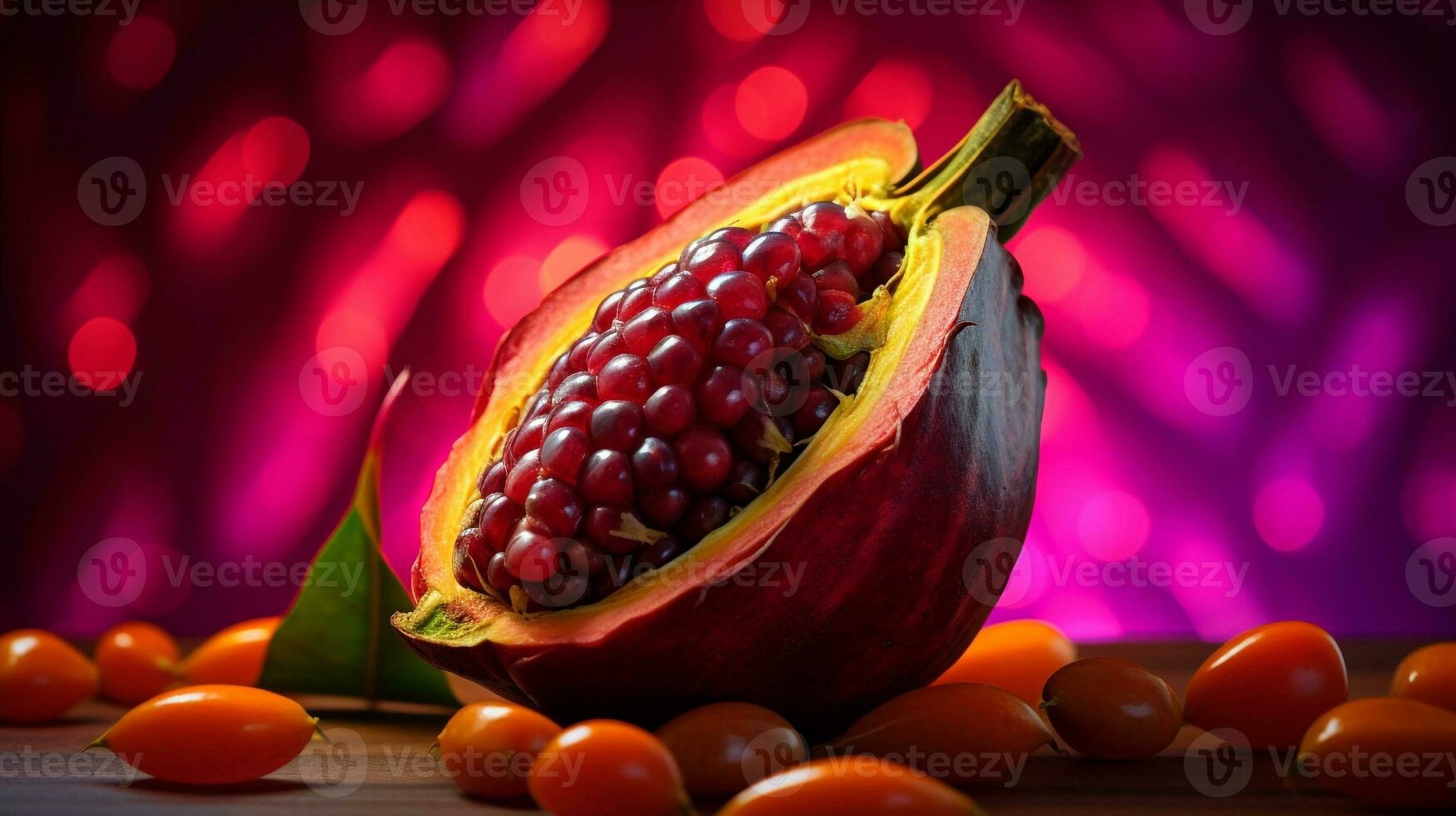 Photo of Cempedak fruit half against a colorful abstract background. Generative AI