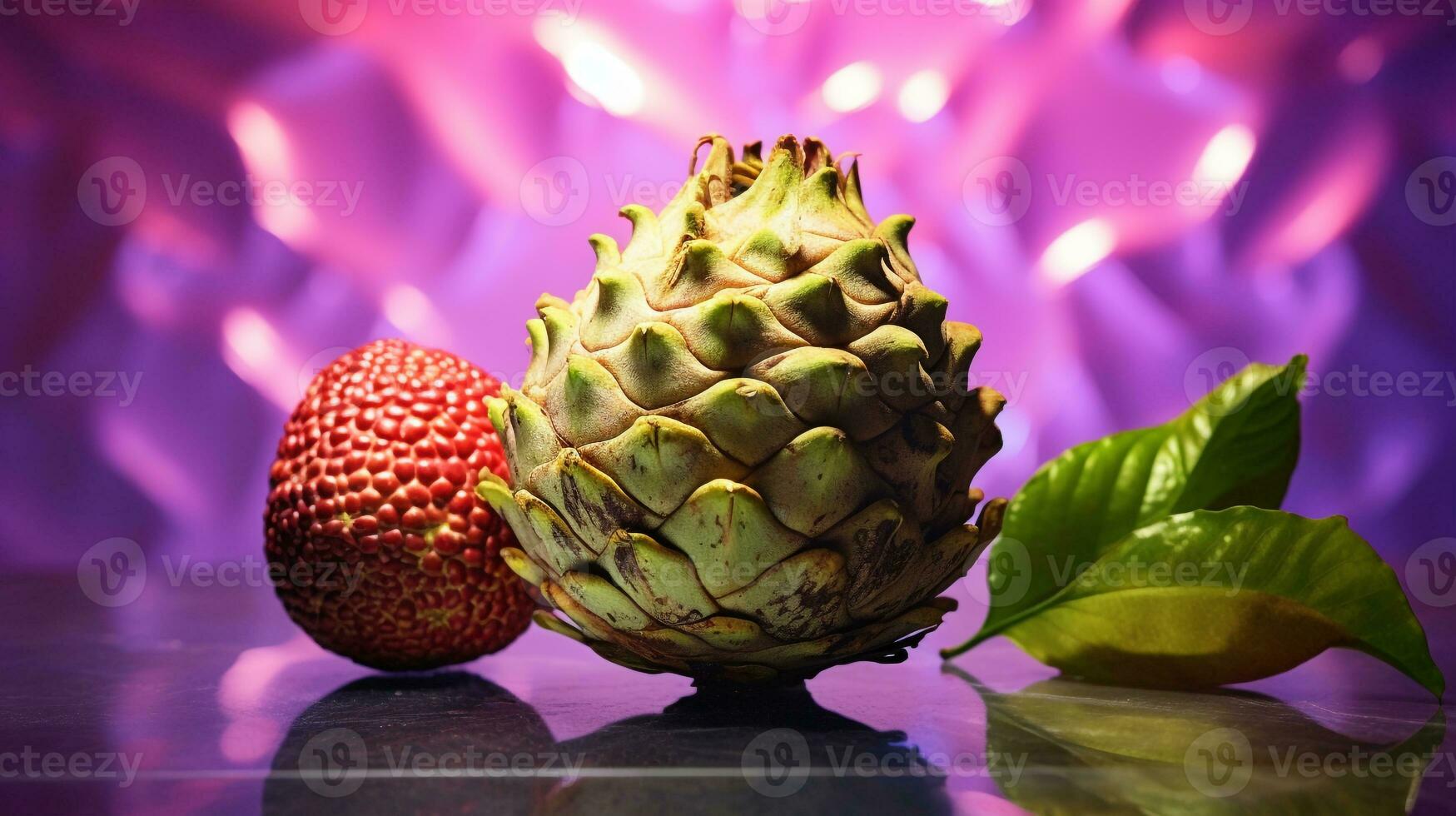 Photo of Cherimoya fruit half against a colorful abstract background. Generative AI