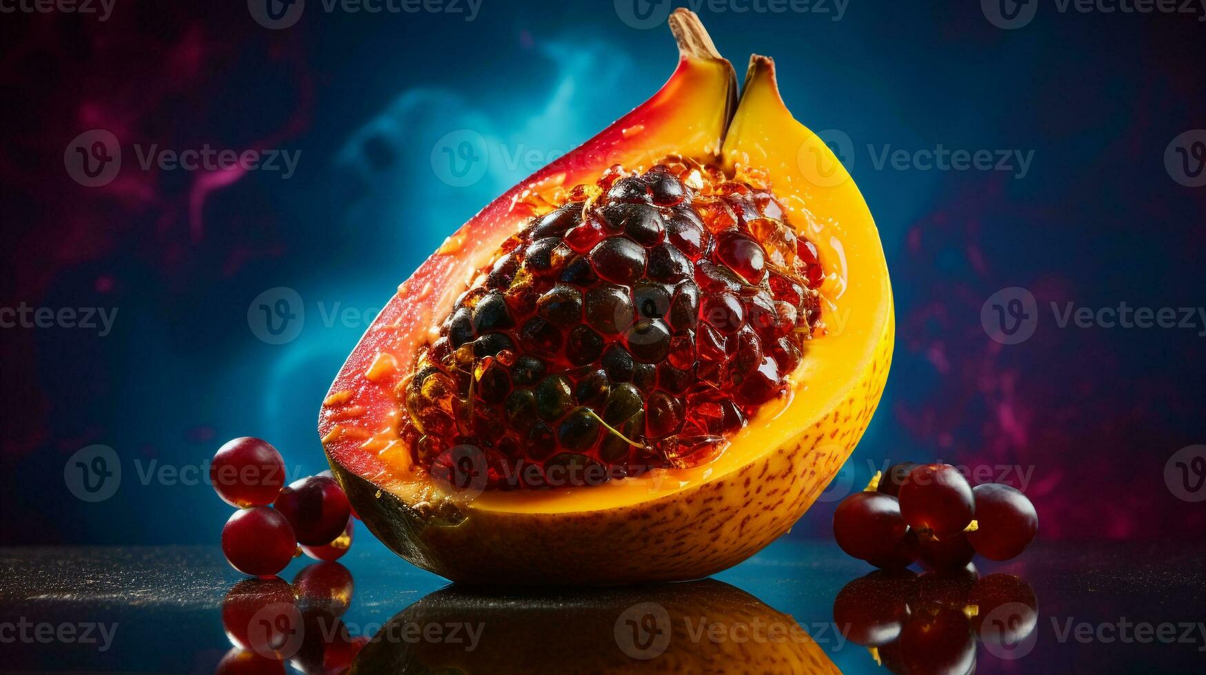 Photo of Canistel fruit half against a colorful abstract background. Generative AI