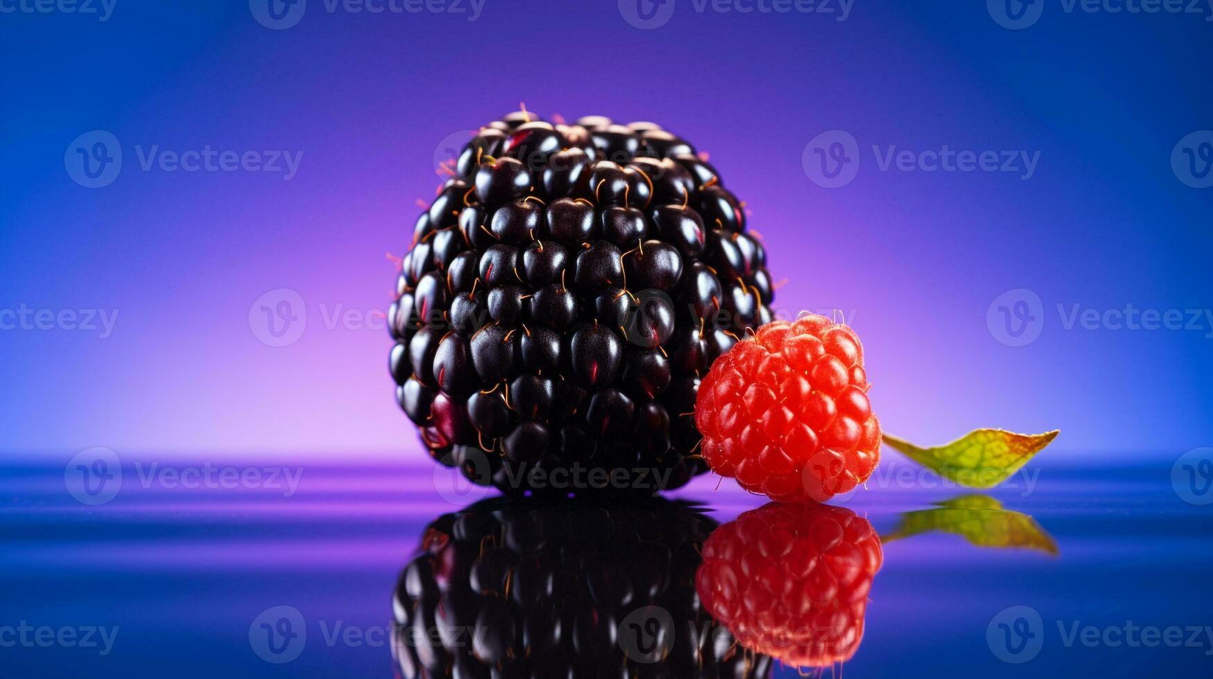 Photo of Blackberry fruit half against a colorful abstract background. Generative AI