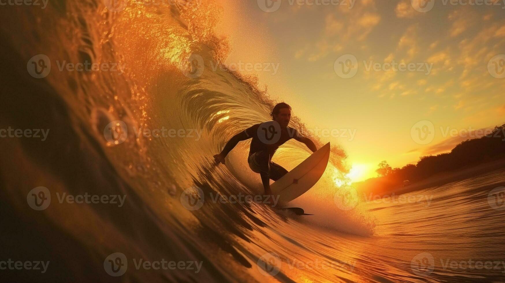 Surfers catching waves. Generative AI photo