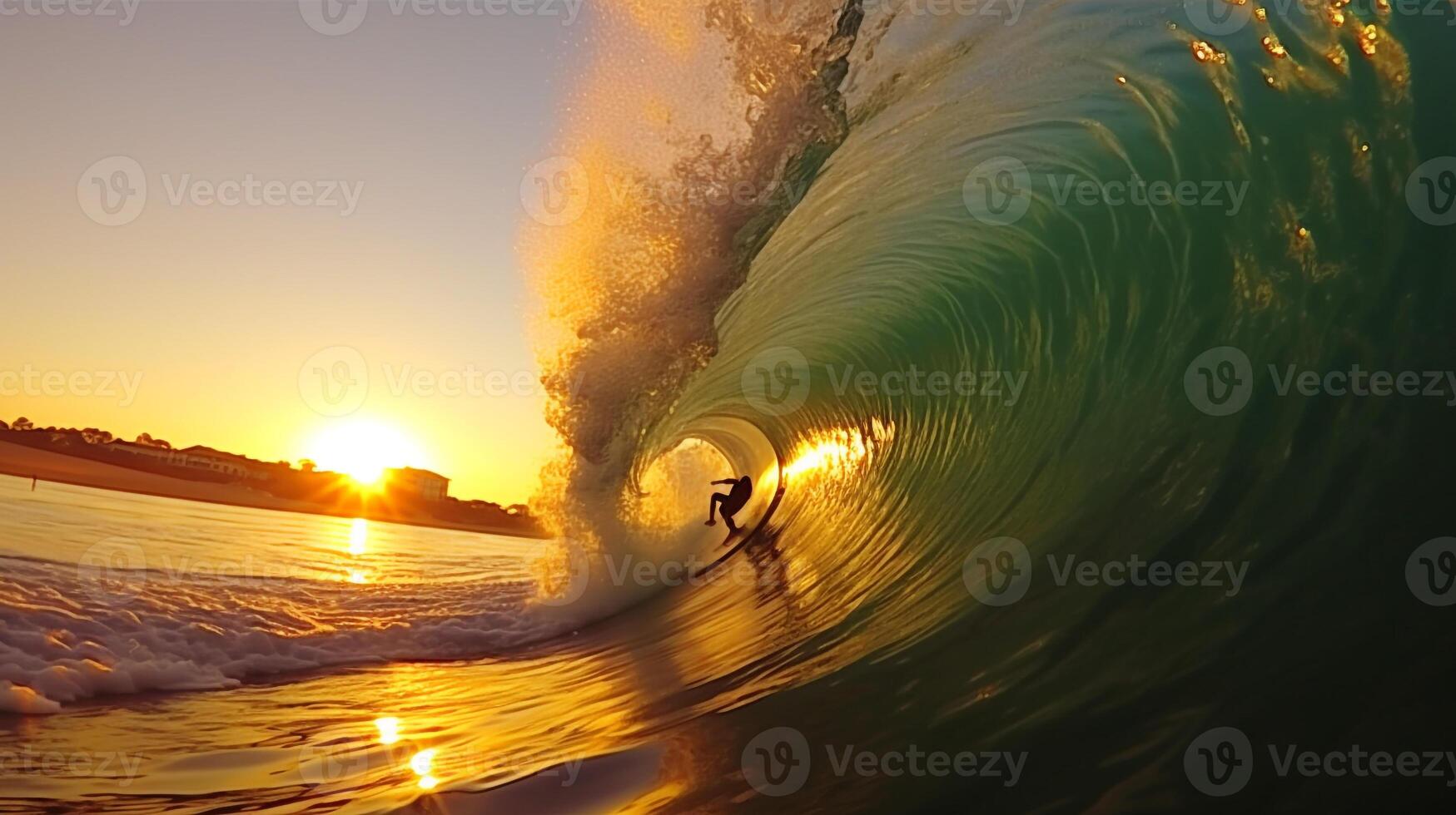 Surfers catching waves. Generative AI photo