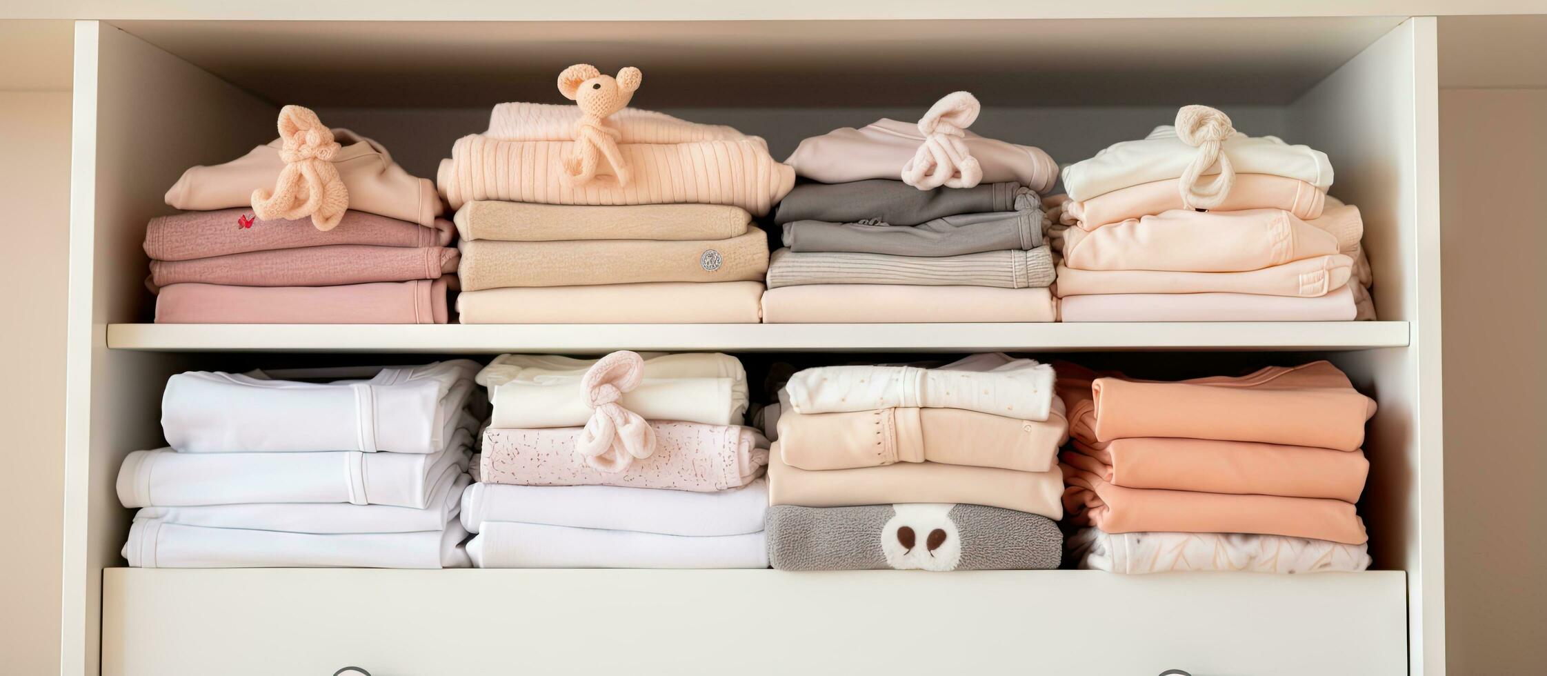 Folded newborn baby clothes stored vertically in a sliding wardrobe inside a neatly organized nursery room photo