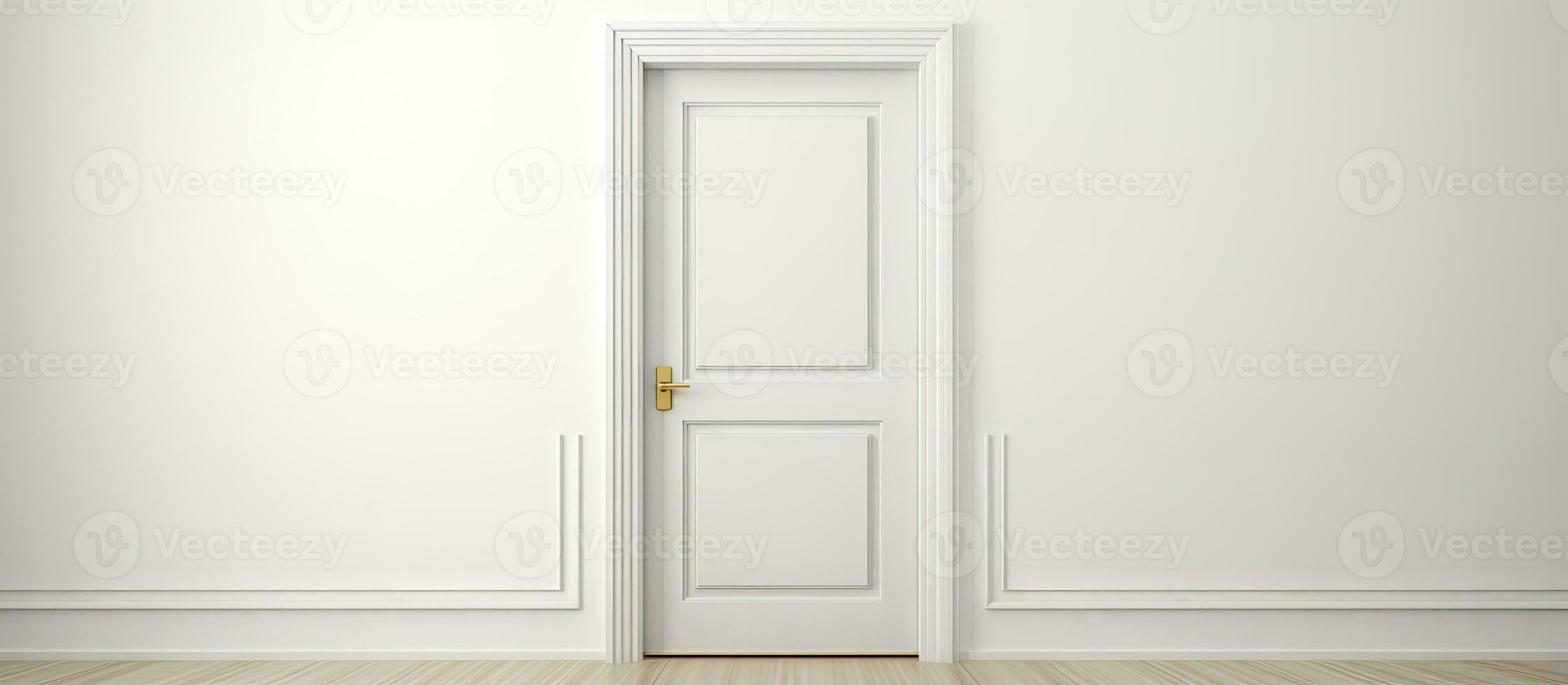 White wooden door with gold doorknob on gray wall photo