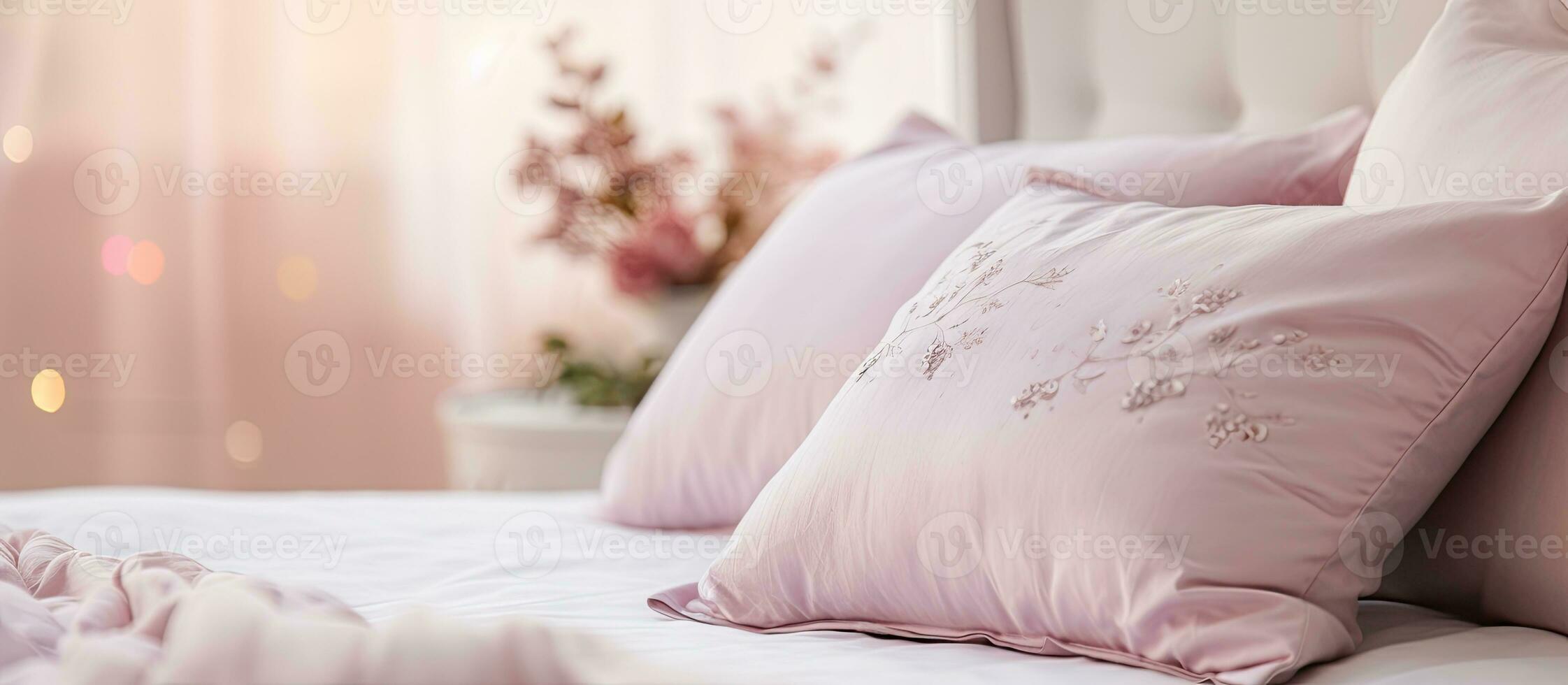 Close up of decorative bed pillows in the bedroom photo