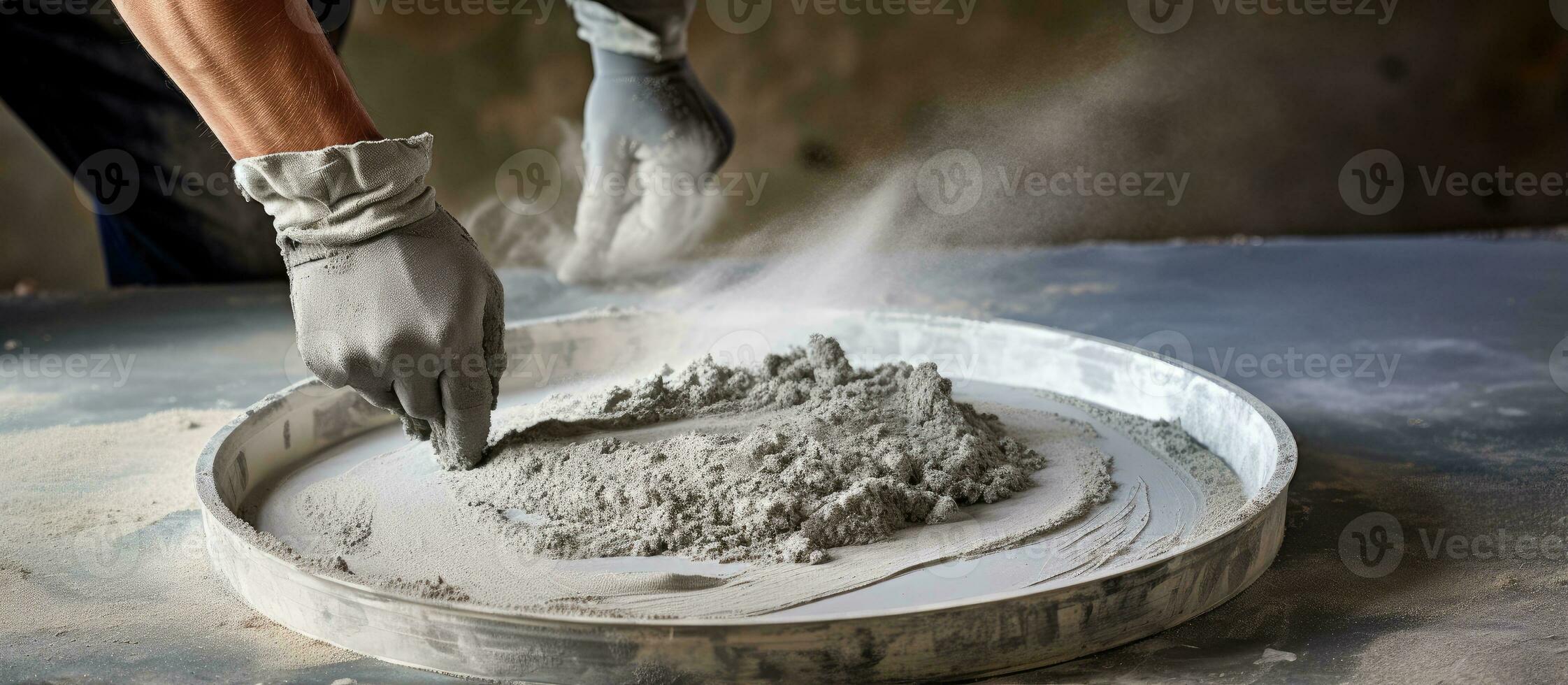 preparando a aplicar construcción por mezcla cemento en un bandeja foto